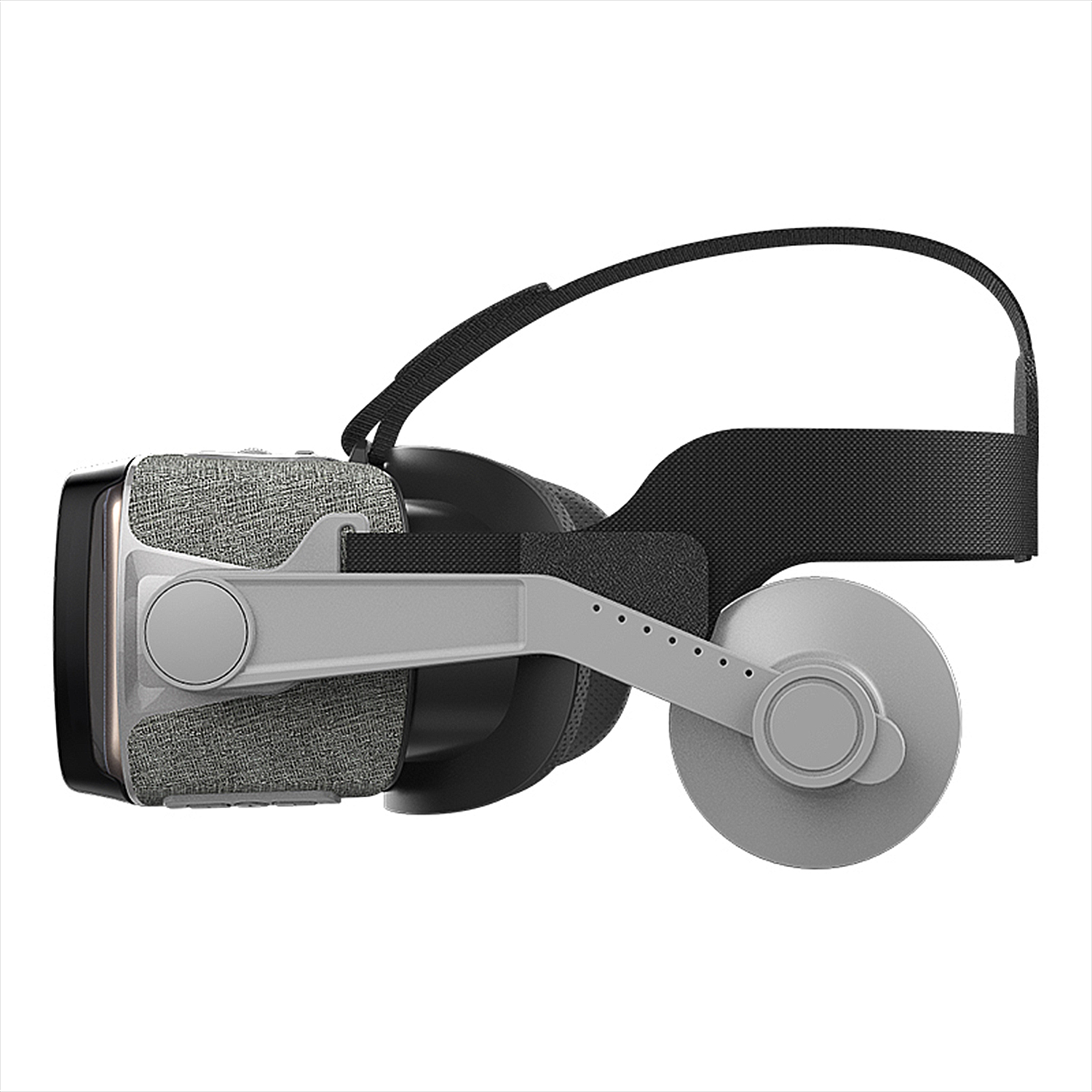 Unas gafas de realidad virtual, grises y negras, vistas de lado. Tiene una correa, una zona acolchada y un auricular redondo.