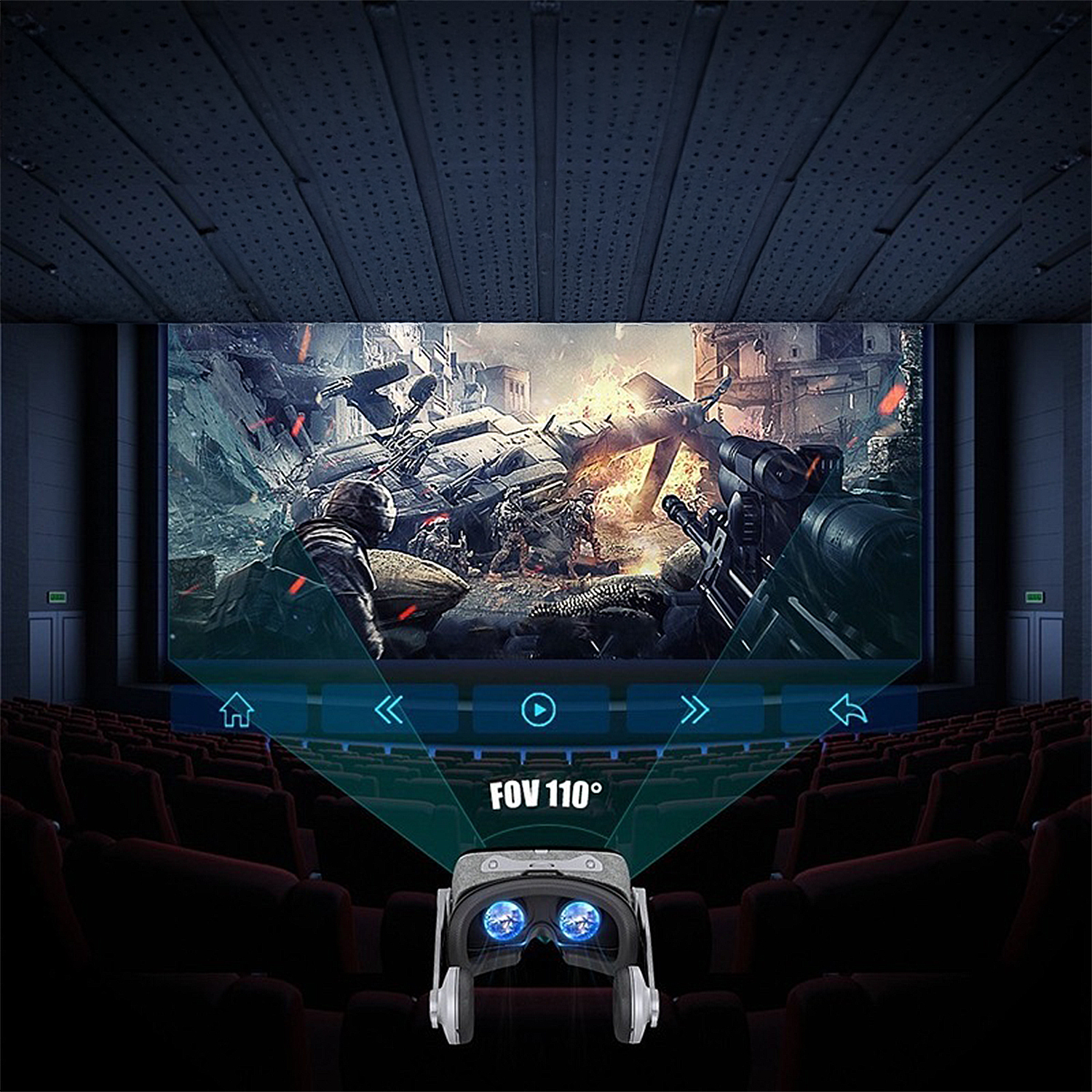 Auriculares de realidad virtual que muestran una escena de guerra en un cine. Filas de asientos rojos, una pantalla y un techo con paneles.