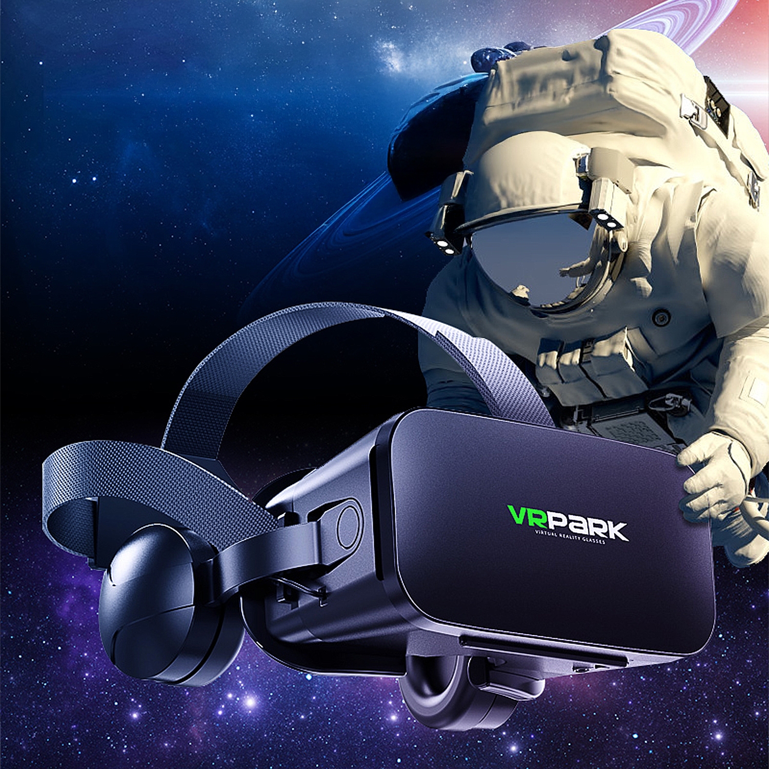 Astronauta vicino a un visore VR con il logo VR Park, su sfondo spaziale con pianeti e stelle.