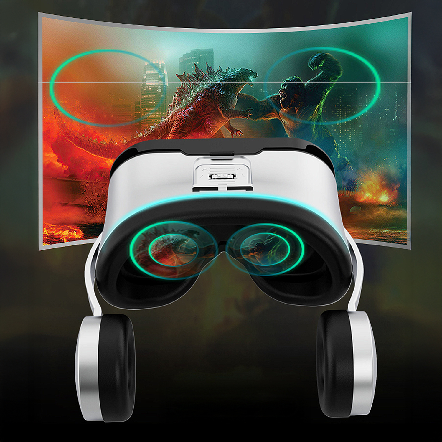 Gafas de realidad virtual con pantalla curva que muestra a Godzilla y King Kong peleando. El auricular es blanco con detalles negros y auriculares.