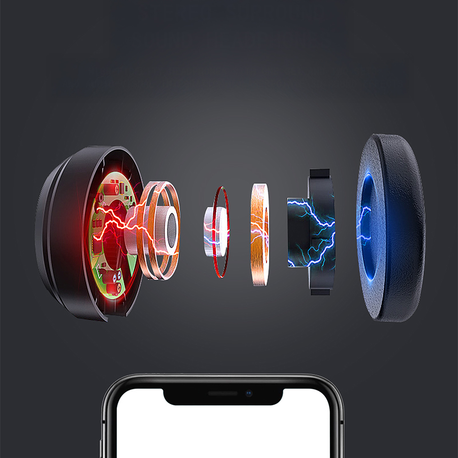 Vista esplosa di un altoparlante con componenti elettrici e uno smartphone in basso. Le parti dell'altoparlante sono evidenziate con luci blu e rosse.