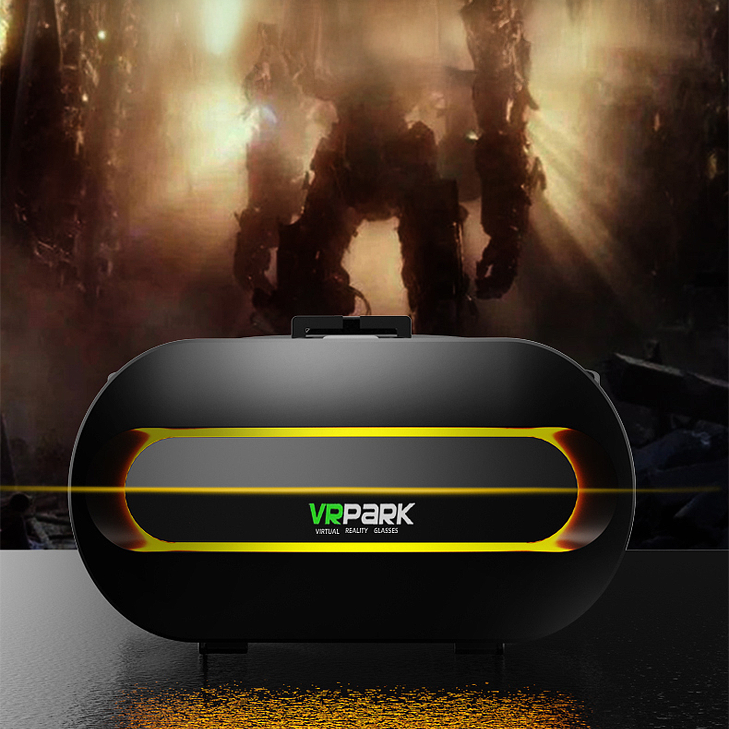 Auriculares de realidad virtual negros con detalles amarillos y el logotipo "VRPARK". Fondo borroso de ciencia ficción con una figura y ambiente ahumado.