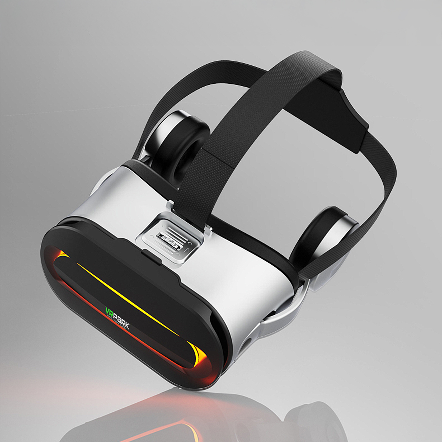 Auriculares de realidad virtual con correas negras, cuerpo plateado y panel frontal negro con luces rojas y amarillas brillantes. Fondo gris.