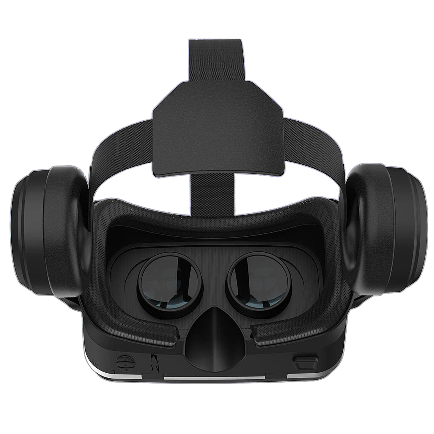Unos auriculares VR negros con auriculares integrados están aislados sobre un fondo blanco. Son visibles las lentes, las correas y los auriculares.