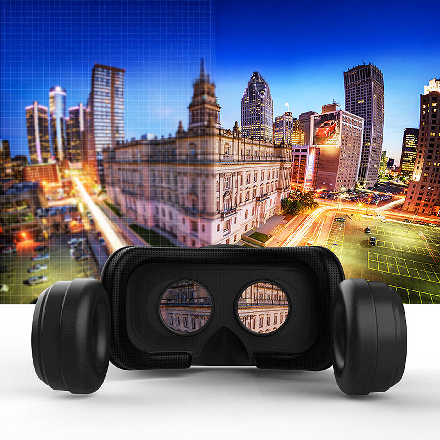 Auriculares de realidad virtual con reflejos de la ciudad. Edificios y luces sobre una superficie blanca. El fondo muestra una ciudad borrosa.