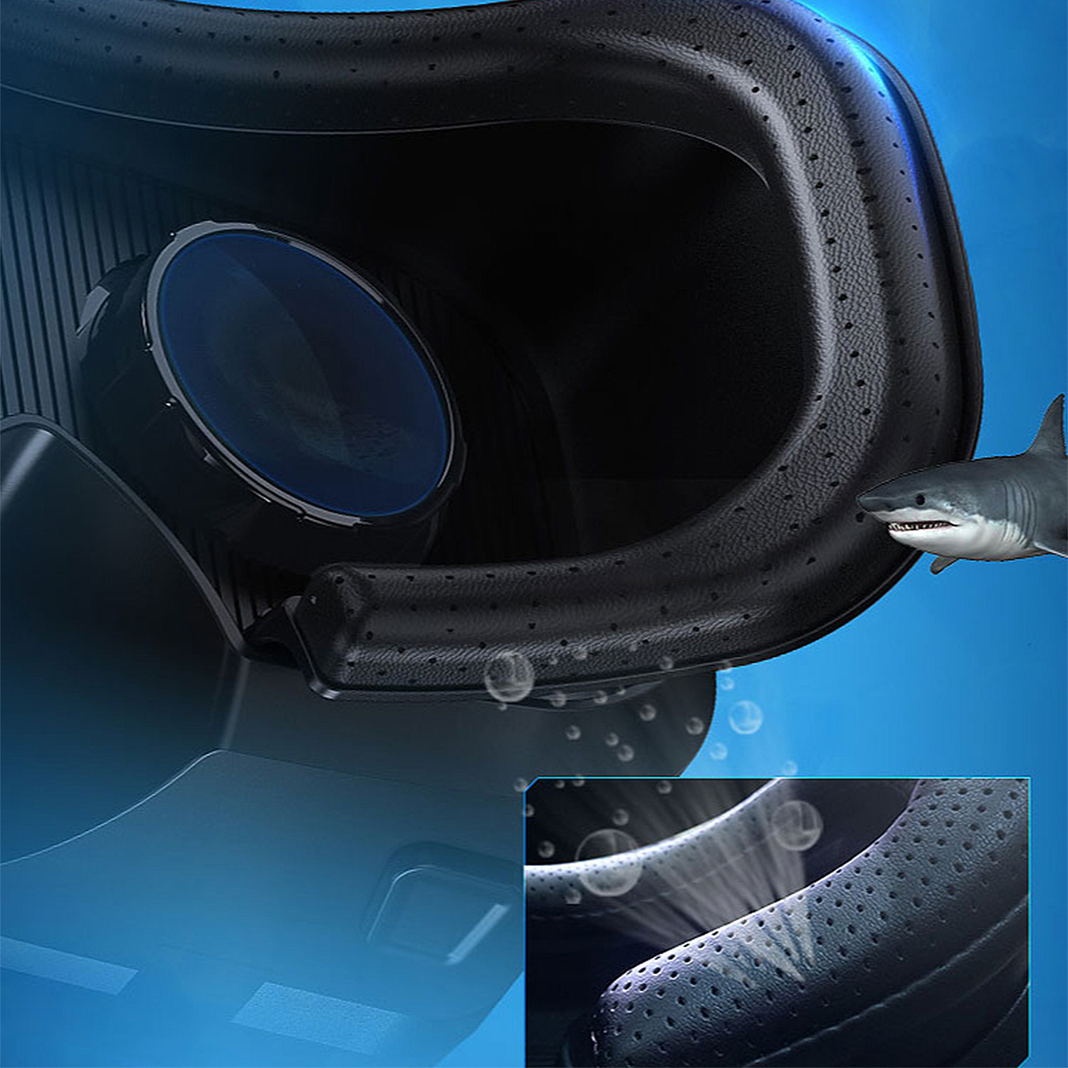 Un casco de realidad virtual negro con una lente azul en primer plano. Un tiburón a la derecha. Burbujas flotan alrededor del casco.