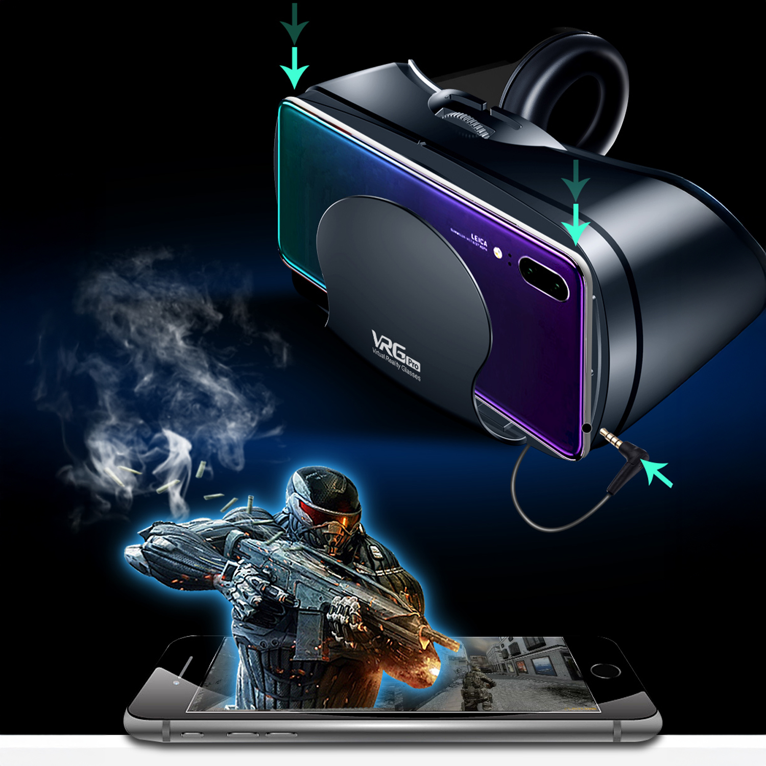 Auriculares de realidad virtual con teléfono, mostrando un juego de disparos. Un soldado futurista con un arma es visible en el juego.
