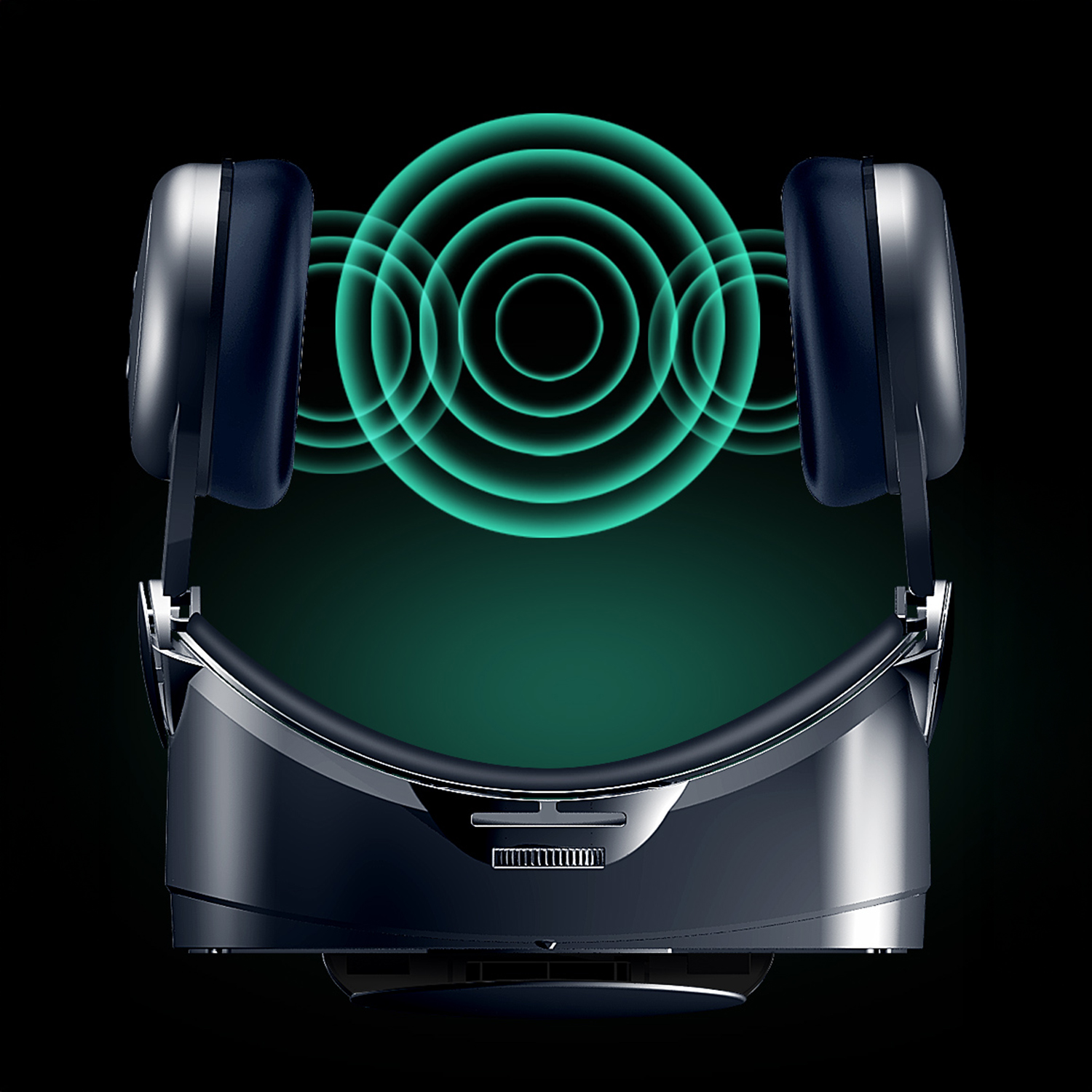 Auriculares de realidad virtual con auriculares. Ondas sonoras verdes emanan. Fondo oscuro. Predominan los colores plata y negro.