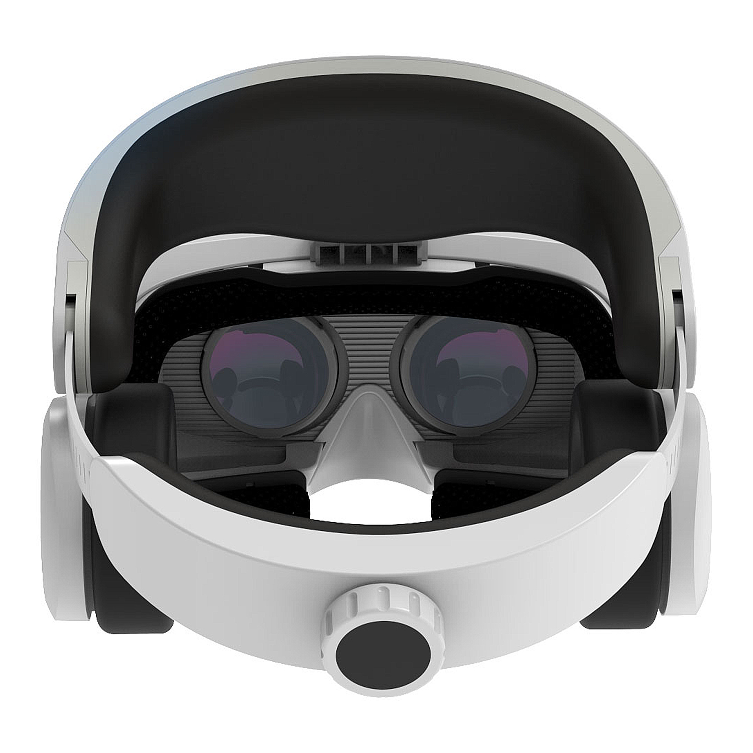 Cuffie VR bianche con imbottitura e lenti nere. C'è un nasello e un quadrante circolare.
