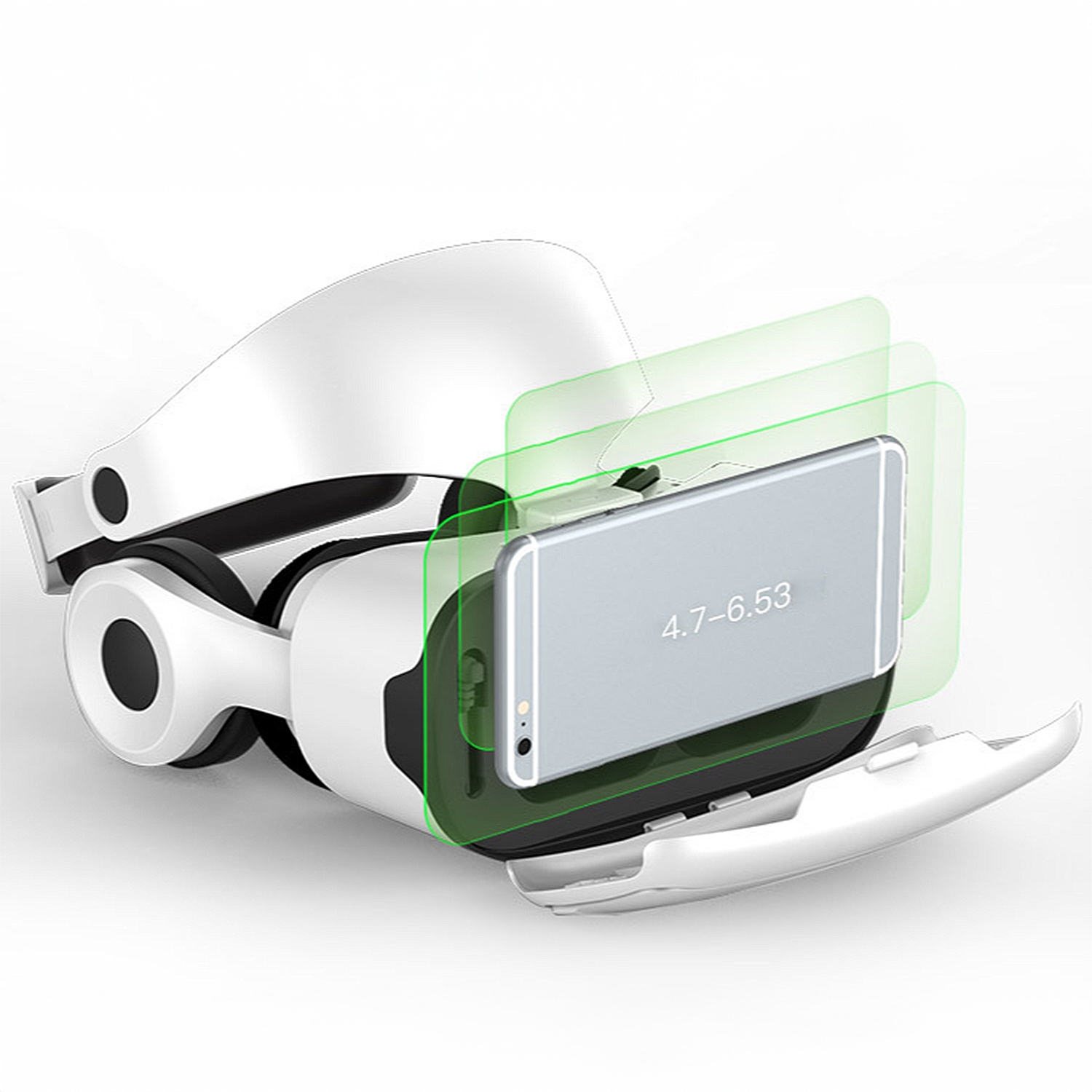 Un visore VR bianco con un telefono all'interno. Schermi verdi trasparenti sono davanti al telefono. Il telefono mostra '4.7-6.53'.