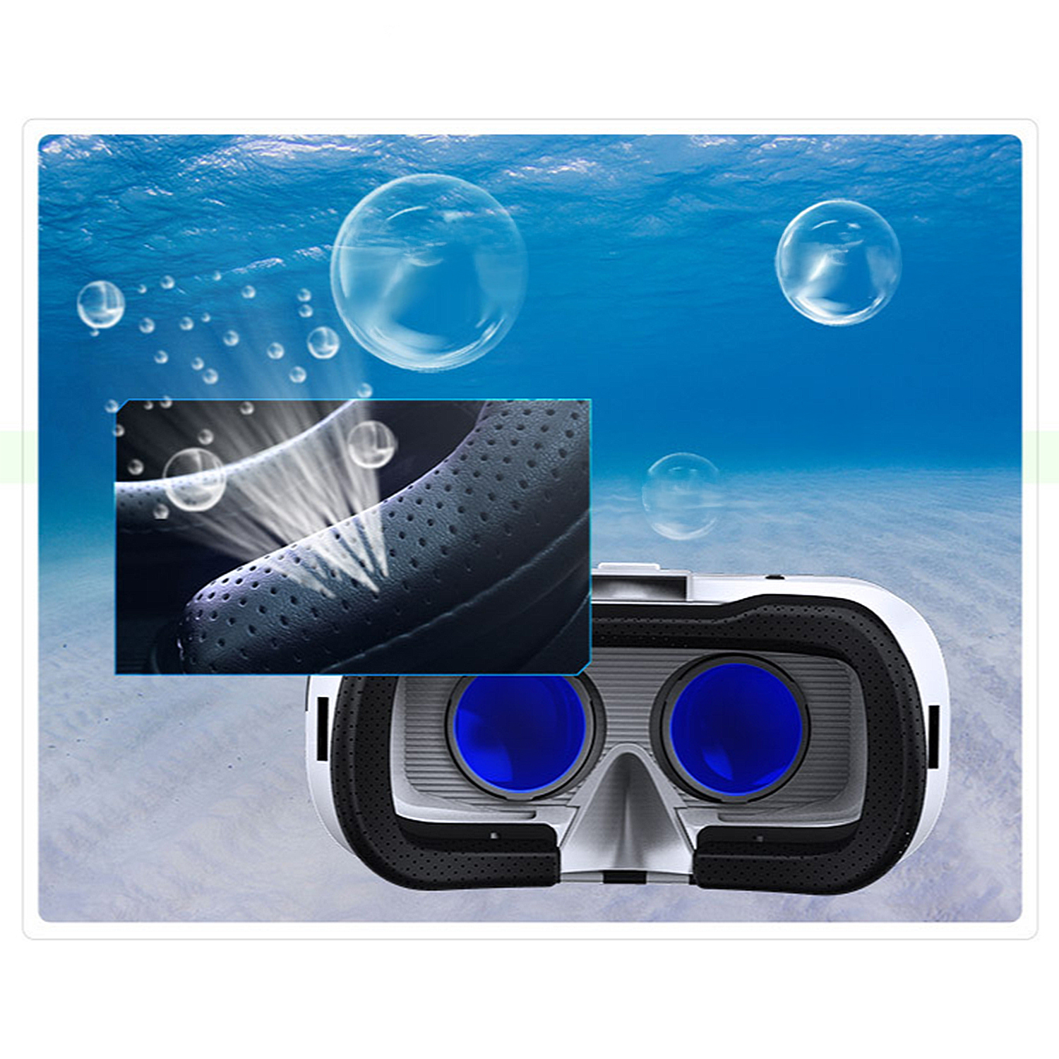 Visore VR con lenti blu sott'acqua, circondato da bolle. Un primo piano mostra una superficie perforata con effetti d'acqua.