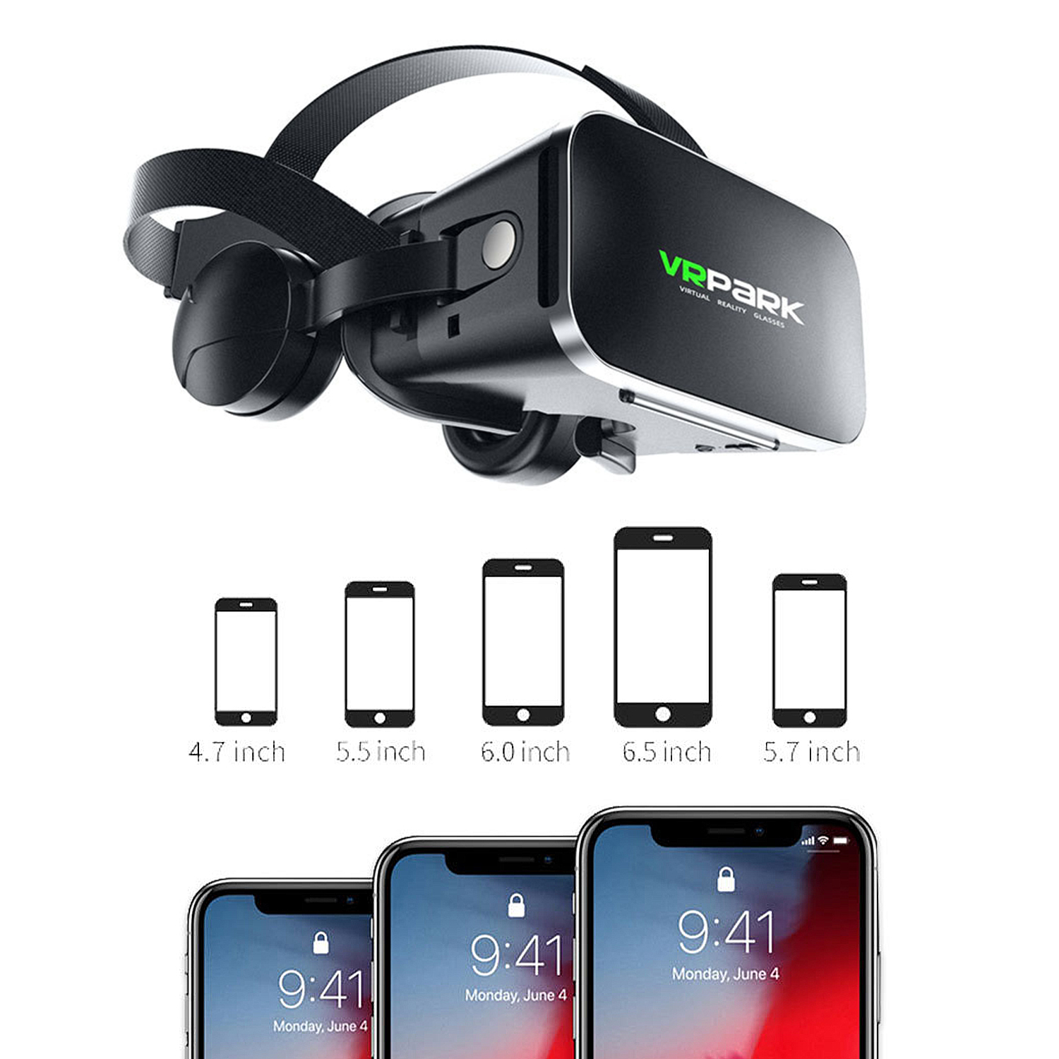 Cuffie VR con logo, telefoni di diverse dimensioni e tre smartphone con l'ora 9:41 visualizzata.