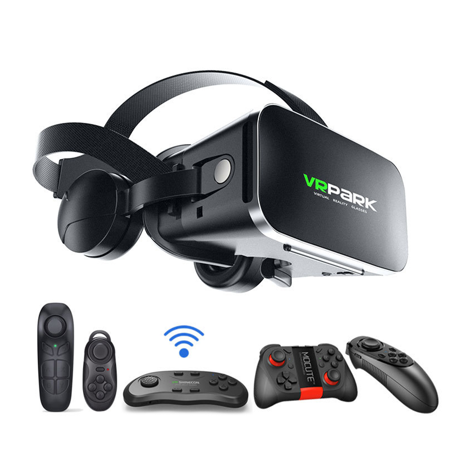 Un visore VR con controller. Il visore è nero con testo verde. I controller sono neri, uno con accenti rossi. È presente anche un simbolo WiFi.