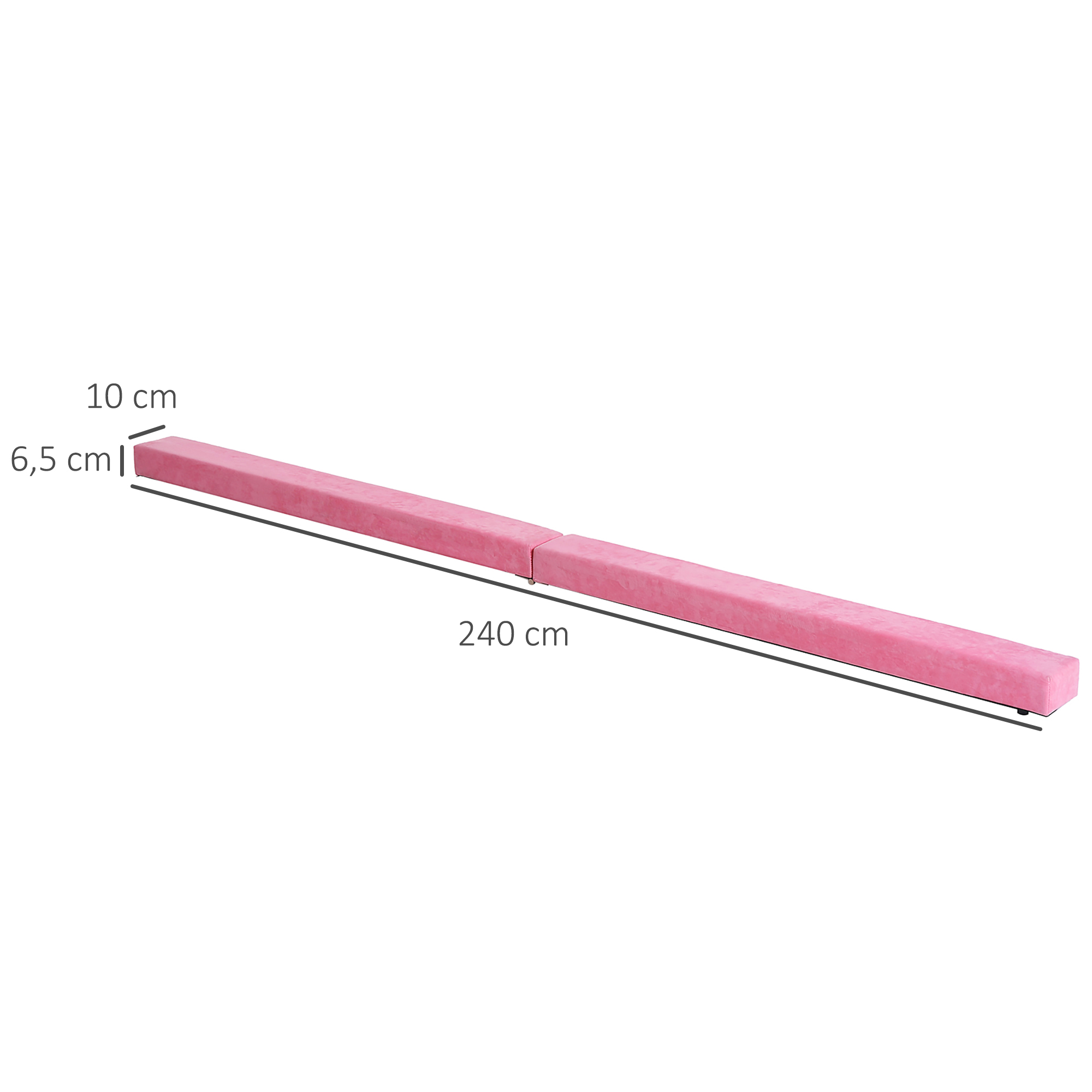 Una barra de equilibrio rosa, de 240 cm de largo, 10 cm de ancho y 6,5 cm de alto. Está sobre un fondo blanco.