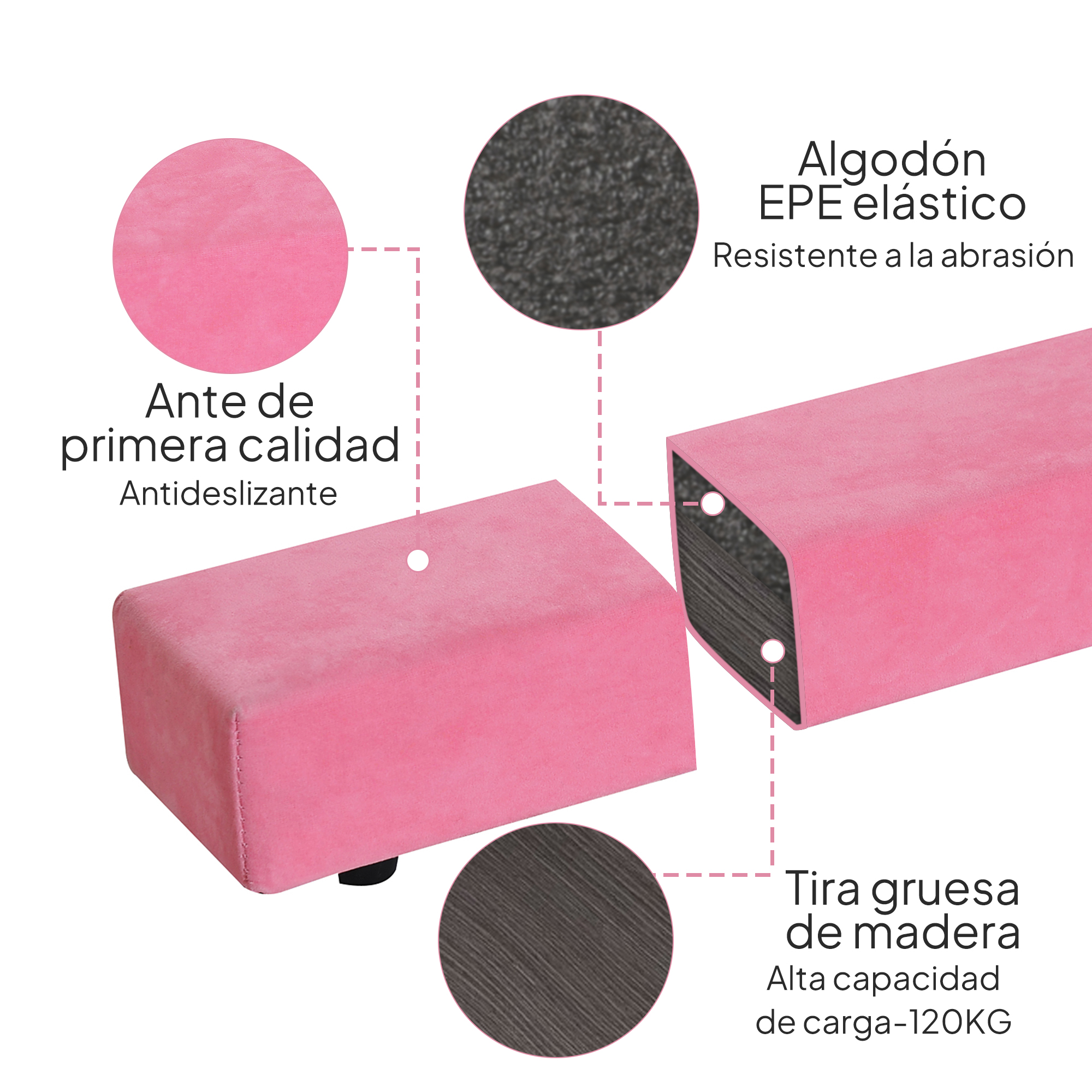 Taburete rosa con detalles de madera. Características: antideslizante, algodón elástico y tira de madera gruesa. Capacidad: 120KG.