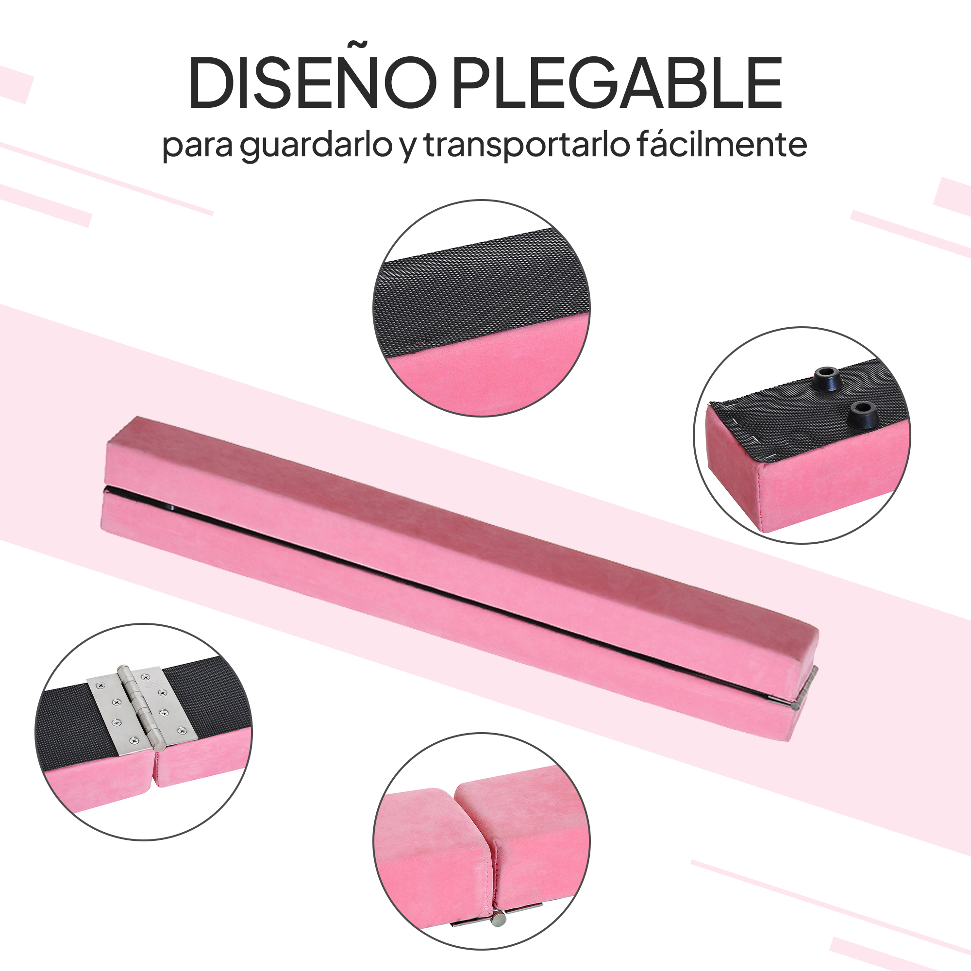 Barra de equilibrio plegable rosa con correas negras y bisagras plateadas. Texto: DISENO PLEGABLE, fácil de guardar y transportar.