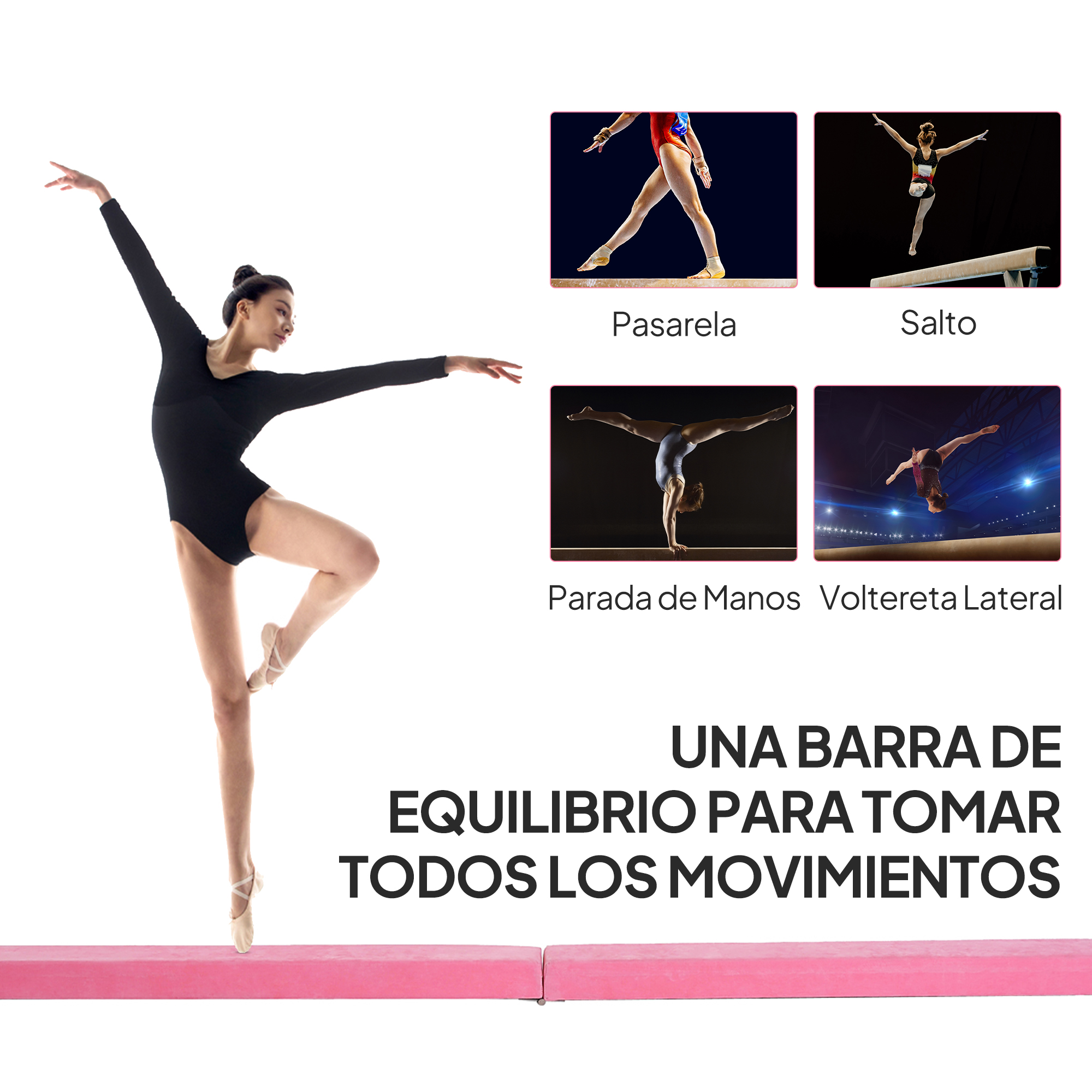 Una gimnasta en leotardo negro se equilibra en una barra rosa. Pequeñas imágenes muestran movimientos de gimnasia.