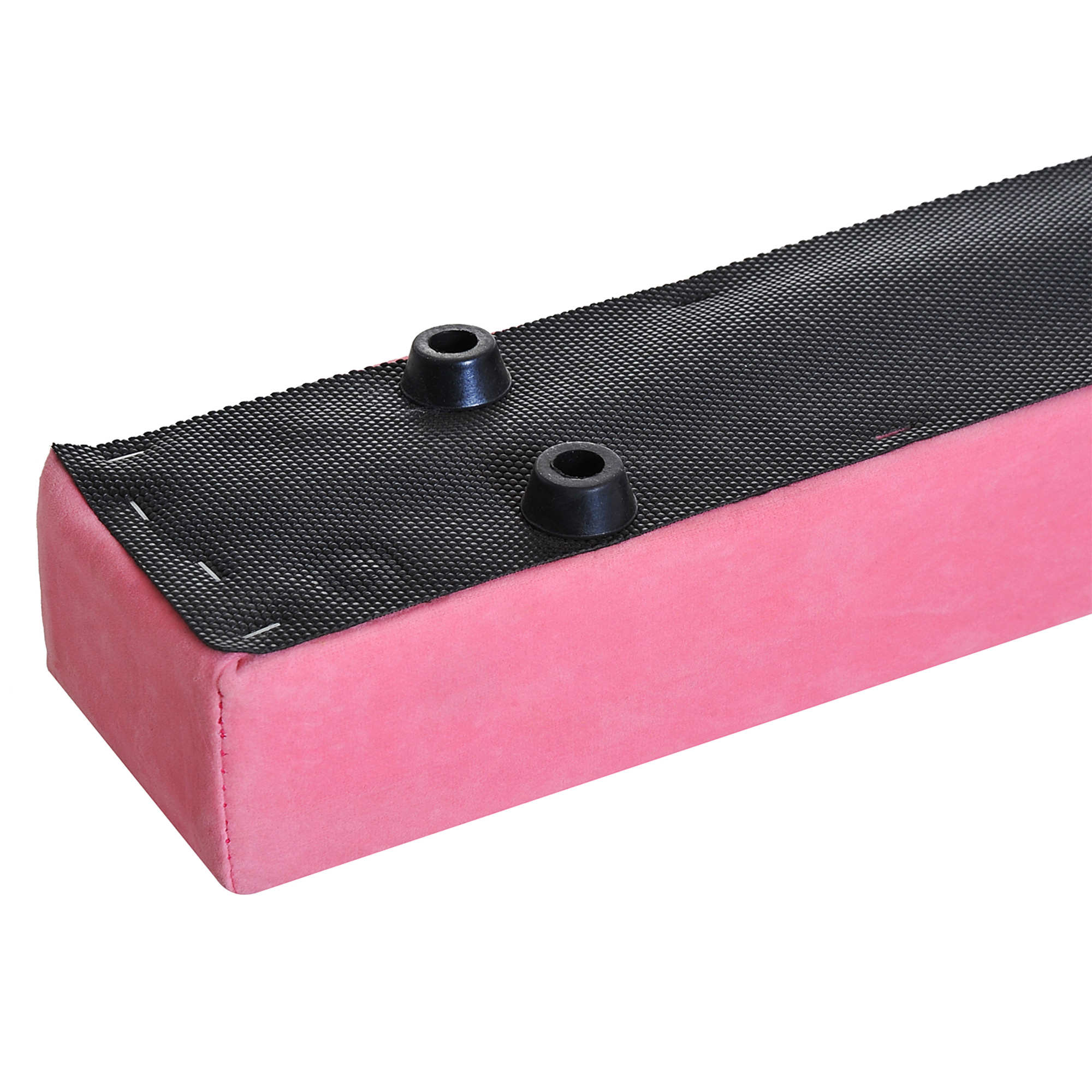 Espuma rectangular rosa con parte superior negra texturizada y dos pies de goma negros. Fondo blanco.