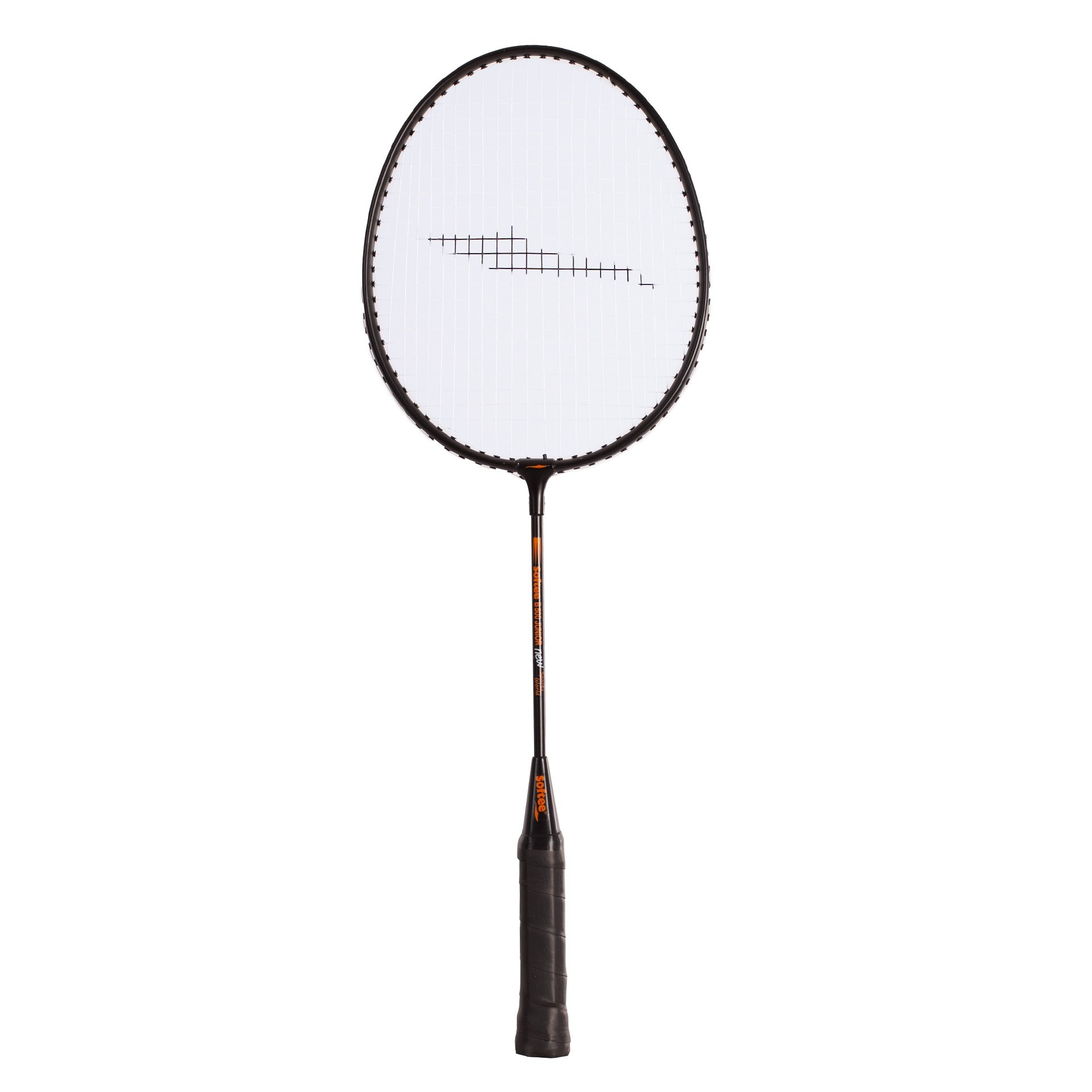 Una racchetta da badminton su sfondo bianco. Ha un telaio nero, una rete bianca e un manico nero. La parola 'sortee' è visibile.