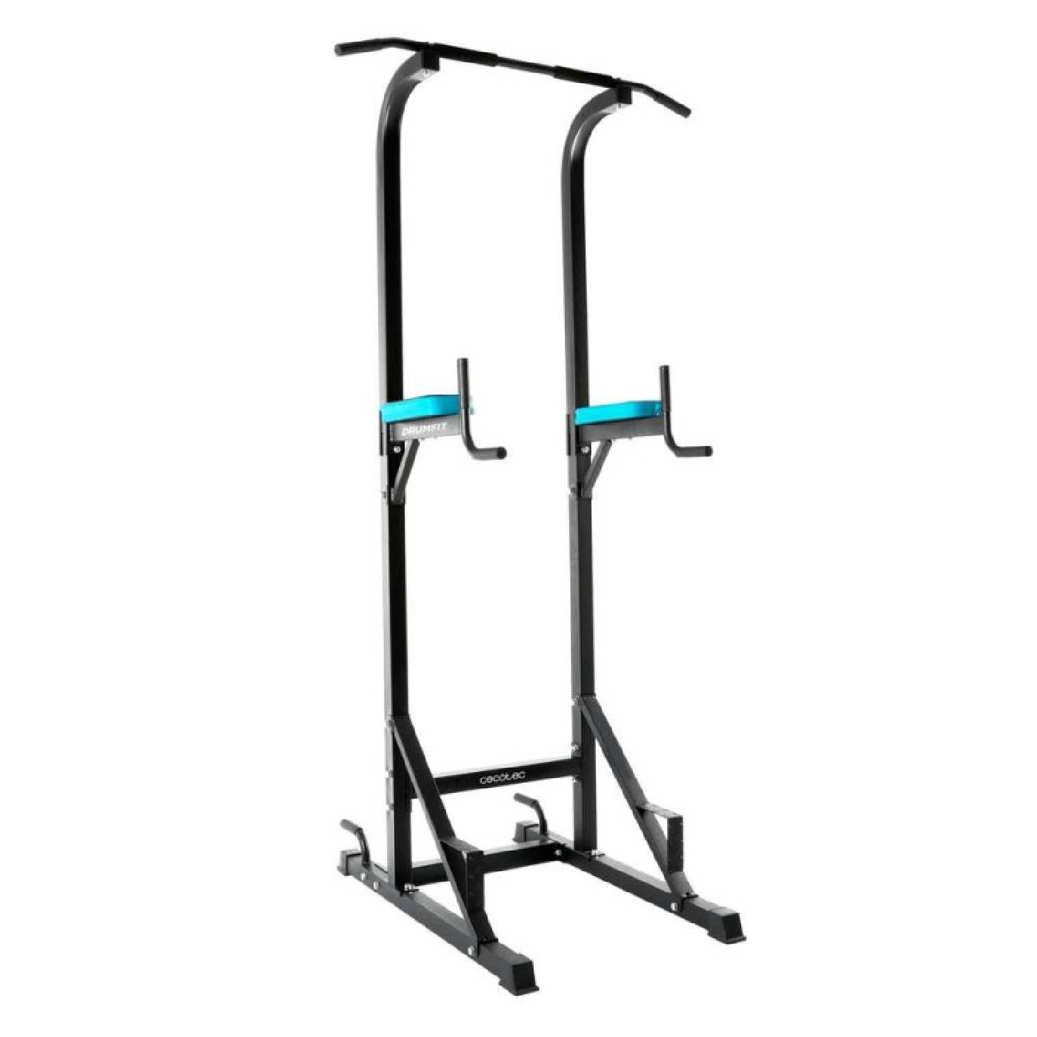 Stazione per trazioni e dip nere. Barre per trazioni, maniglie per dip e supporti per braccia. Imbottitura blu sui supporti.