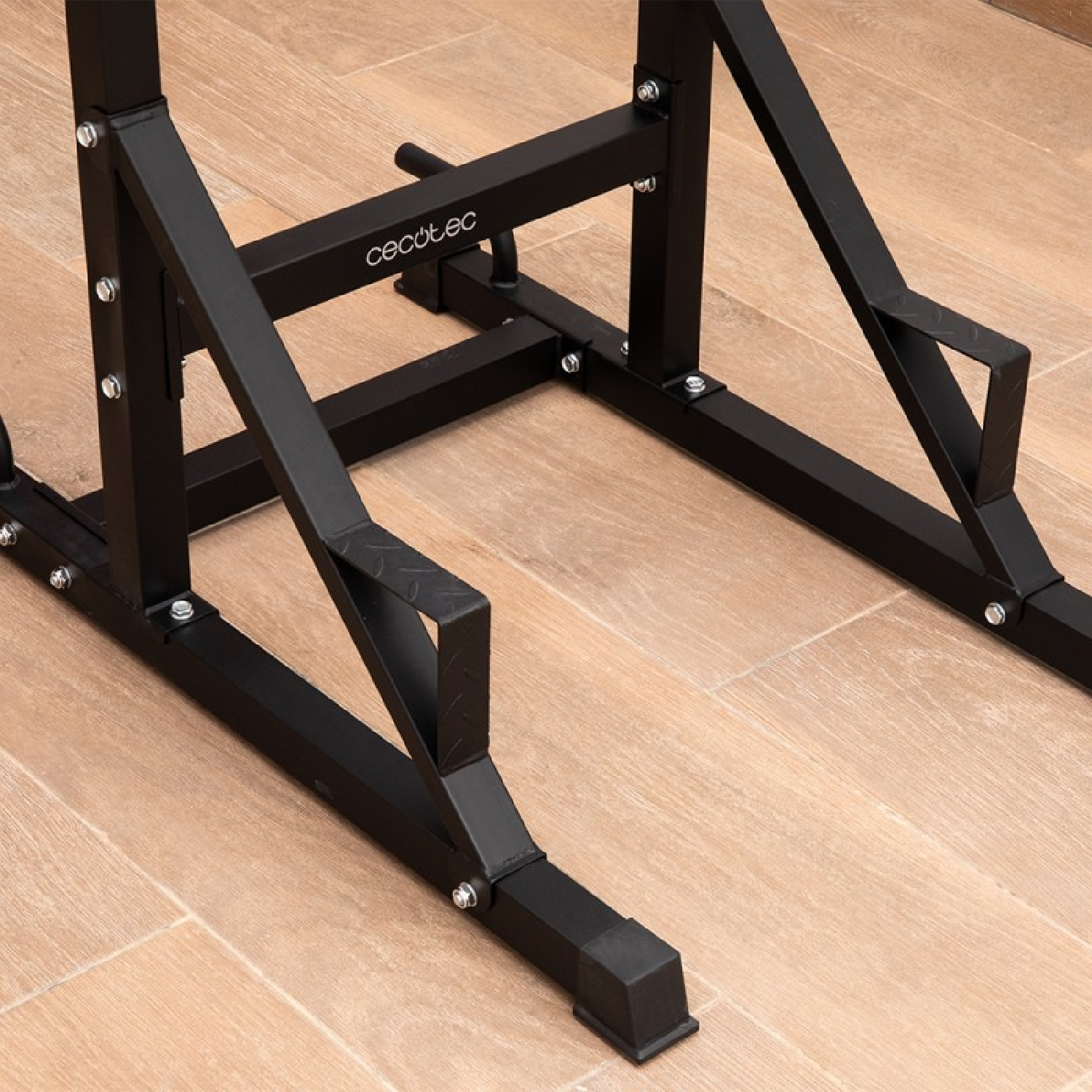 Un rack per sollevamento pesi in metallo nero, marchio Cecotec, è appoggiato su un pavimento in legno. Il rack ha giunti bullonati e un supporto.