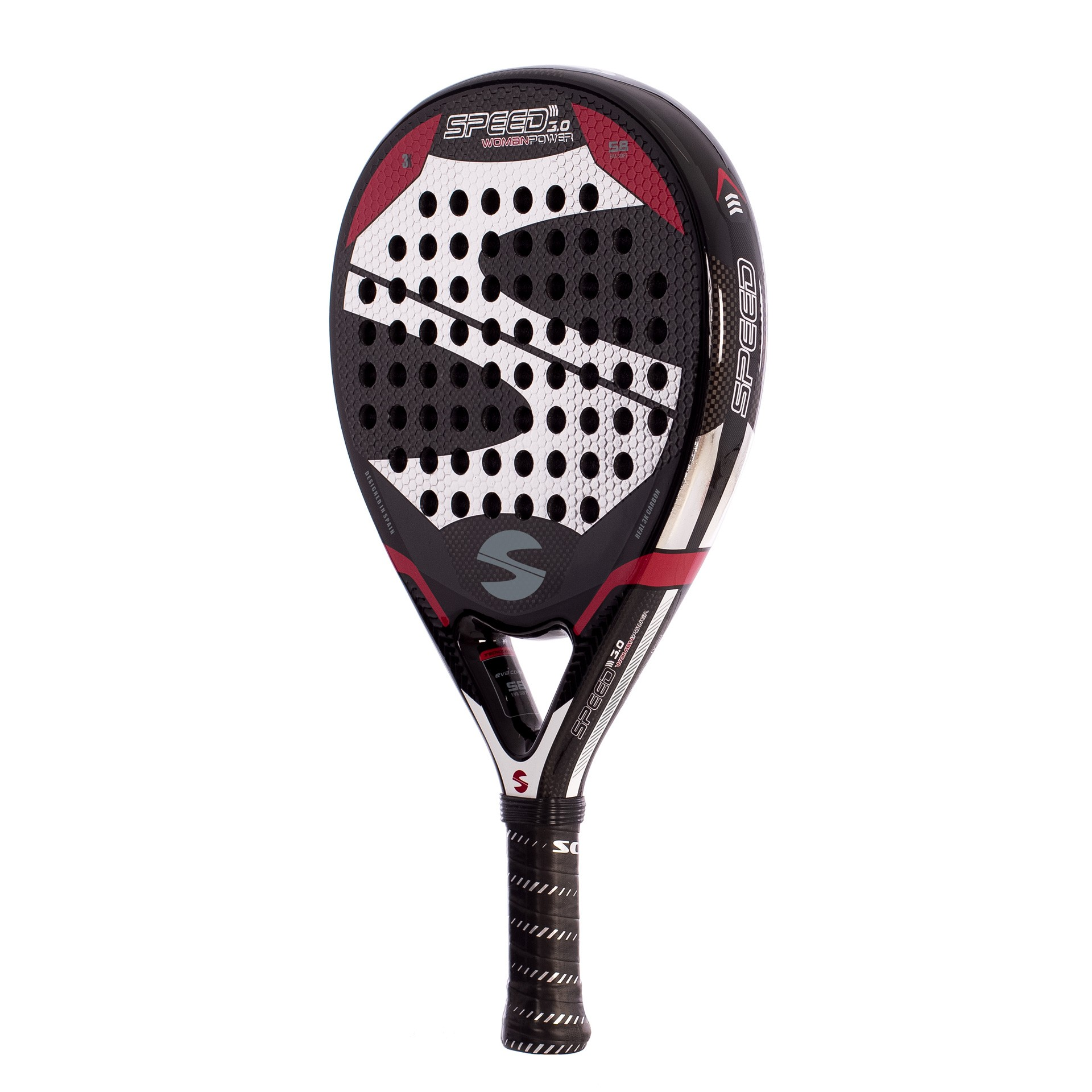 Una racchetta da padel Speed 3.0 Womenpower in bianco e nero. La racchetta ha un'impugnatura nera e una superficie nera con dettagli bianchi e rossi.