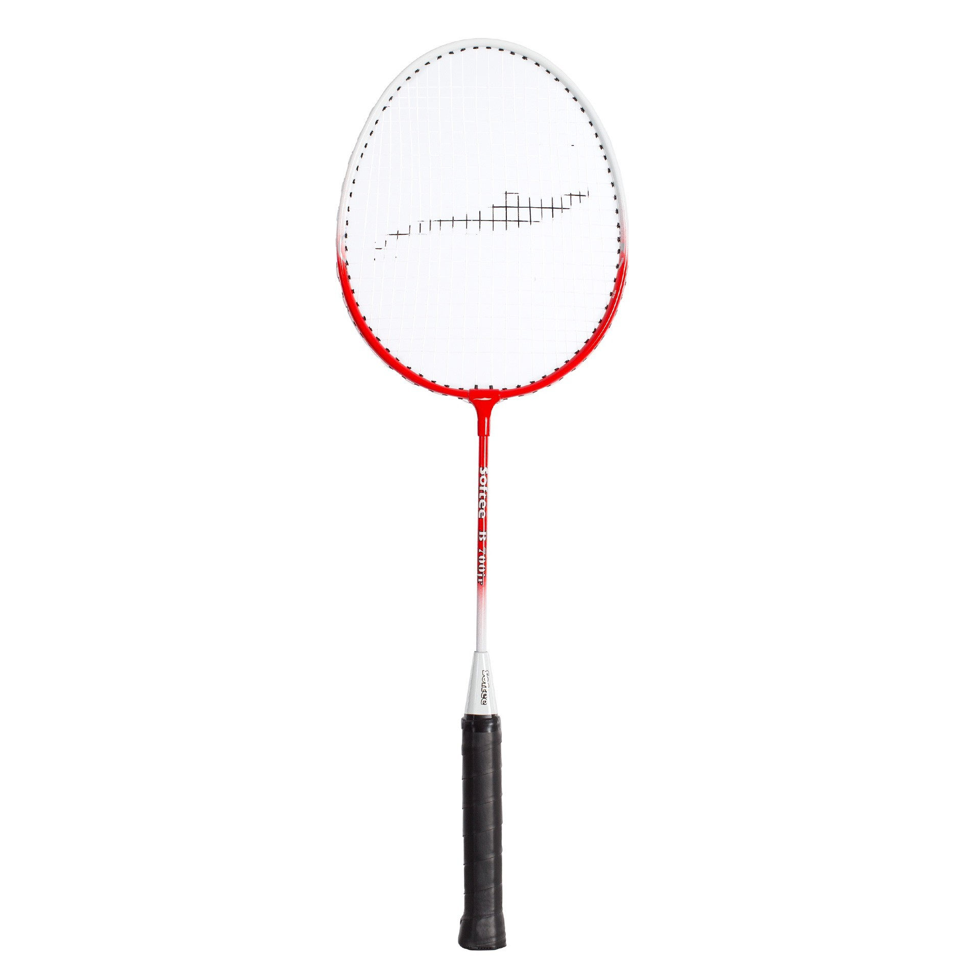 Una racchetta da badminton è centrata. La racchetta ha un telaio rosso e un'impugnatura nera. Lo sfondo è bianco.