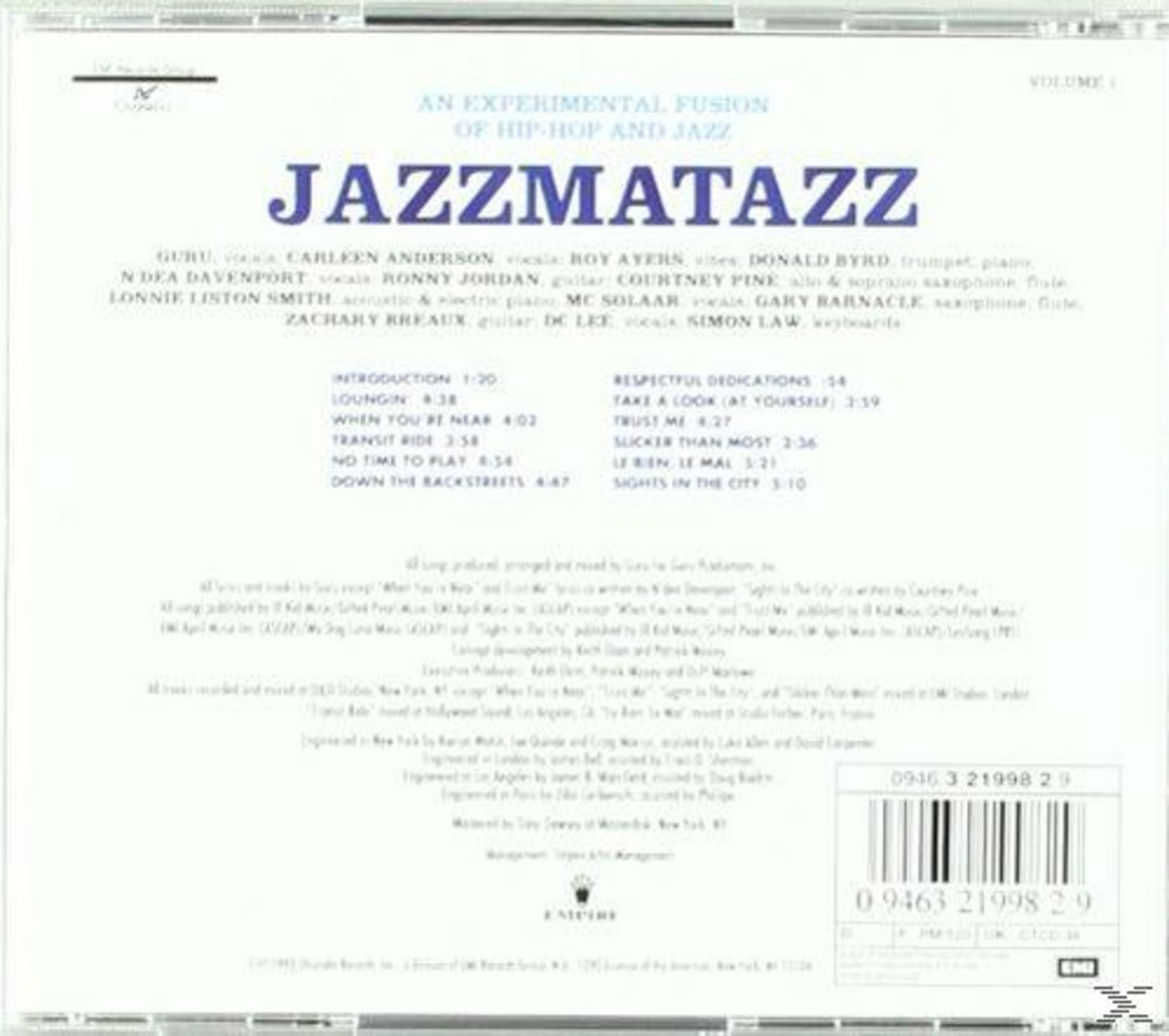 Rückseite einer CD-Hülle. Text enthält Albumtitel Jazzmatazz, Titelliste und Künstlernamen wie Guru und Roy Ayers.