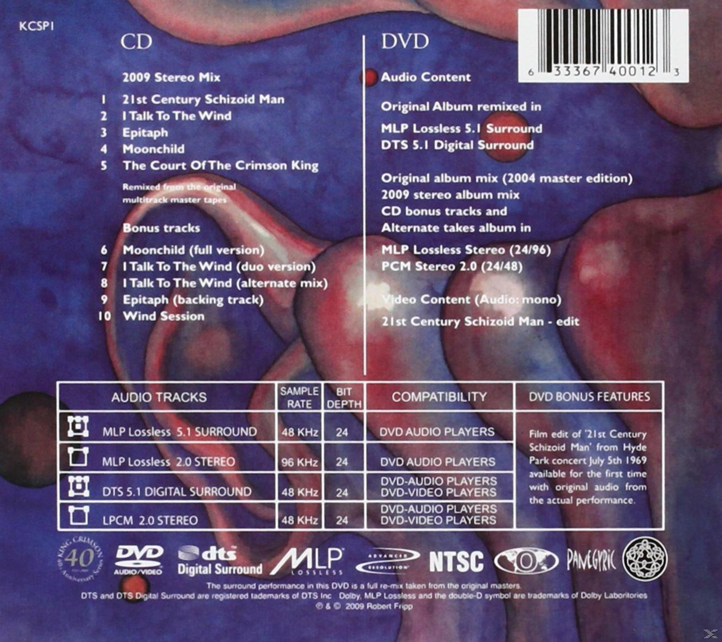 Albumcover mit CD- und DVD-Informationen. Listet Titel, Audioformate und Funktionen auf. Der Hintergrund ist strukturiert blau mit roten Akzenten.
