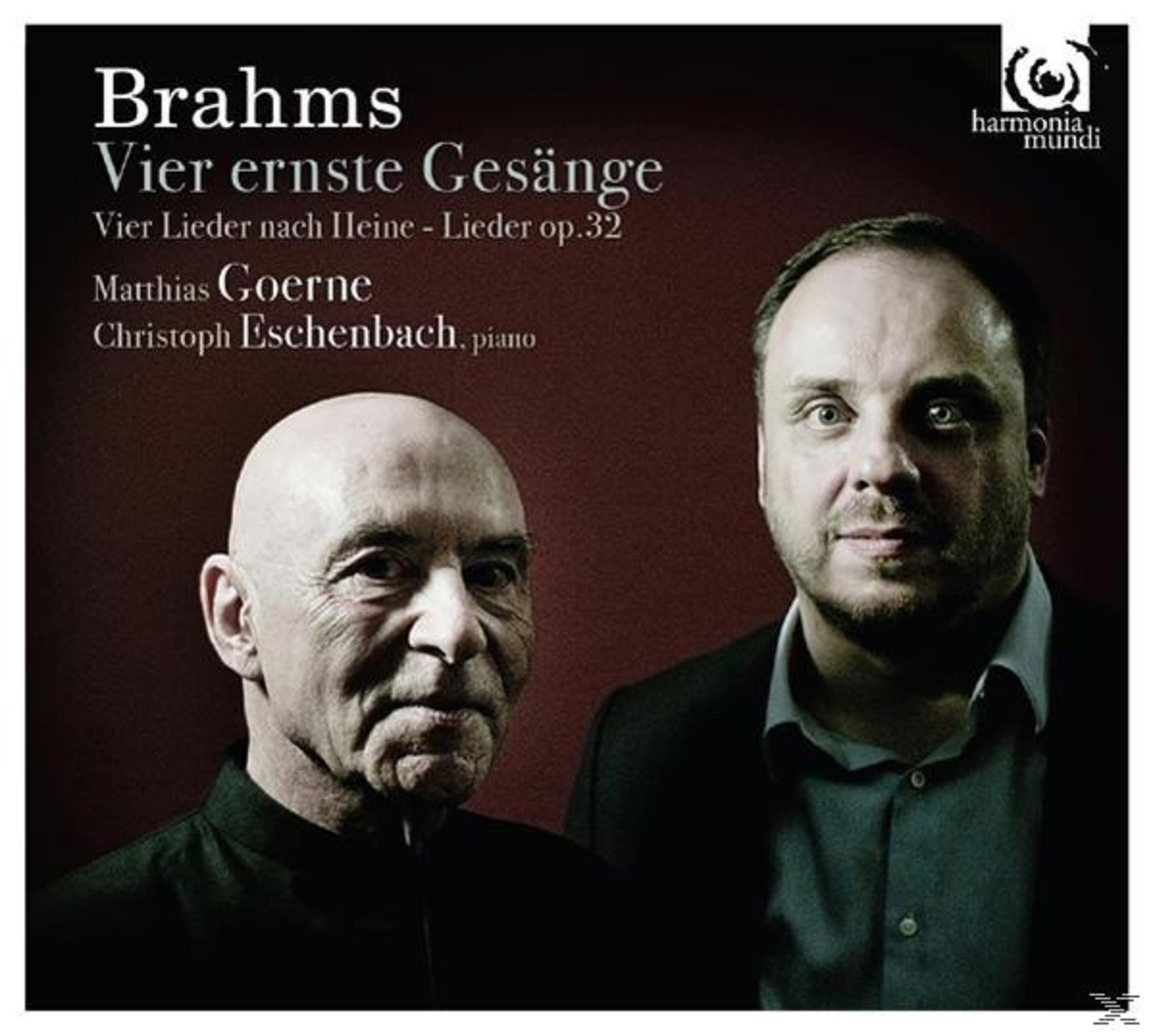 Albumcover mit zwei Männern, einem Glatzkopf und einem mit kurzen Haaren. Text: Brahms, Vier ernste Gesänge. Künstler: Goerne, Eschenbach.