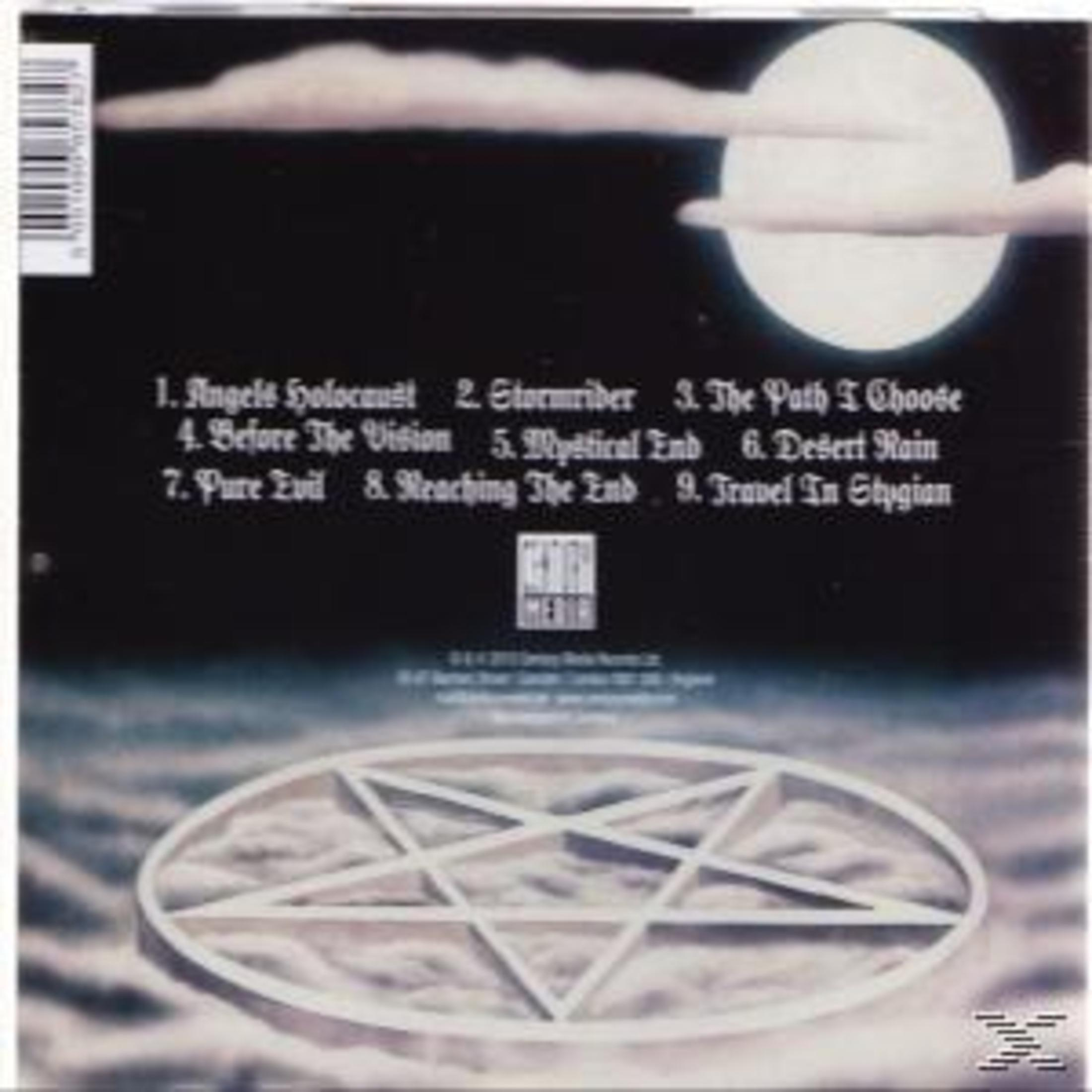 Albumcover mit Vollmond, Pentagramm und Songtiteln. Dunkler Hintergrund mit Wolken und Text.