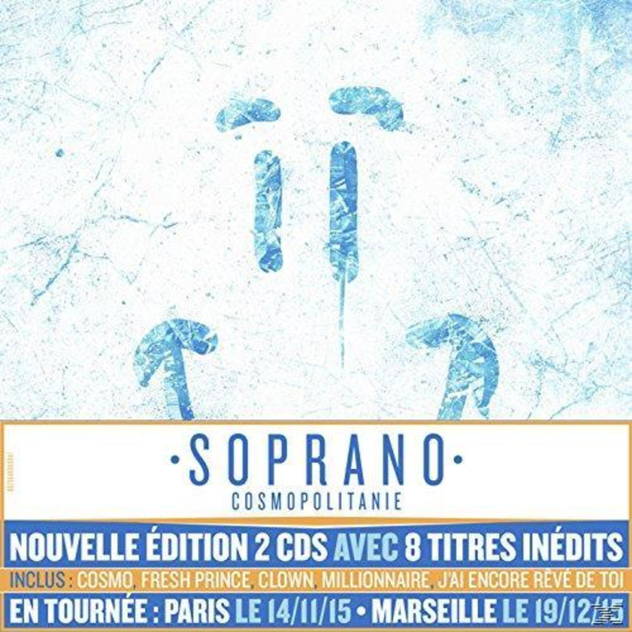 Plakat des Albums Cosmopolitanie von Soprano. Enthält Tourdaten in Paris und Marseille. Mit blauen abstrakten Formen und Text.