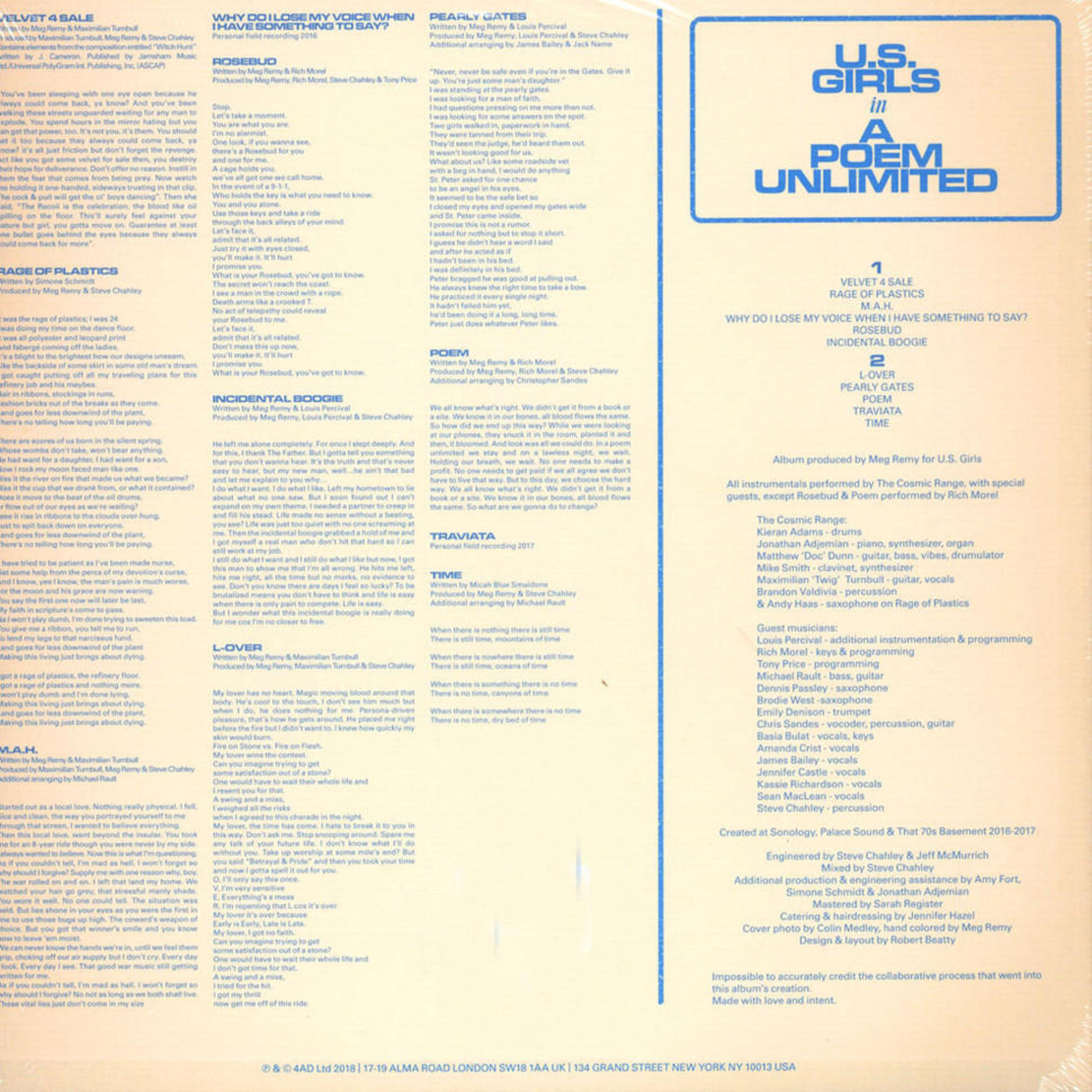 Albumcover: Blauer Text, U.S. Girls in A Poem Unlimited. Songtitel und Credits sind aufgeführt.