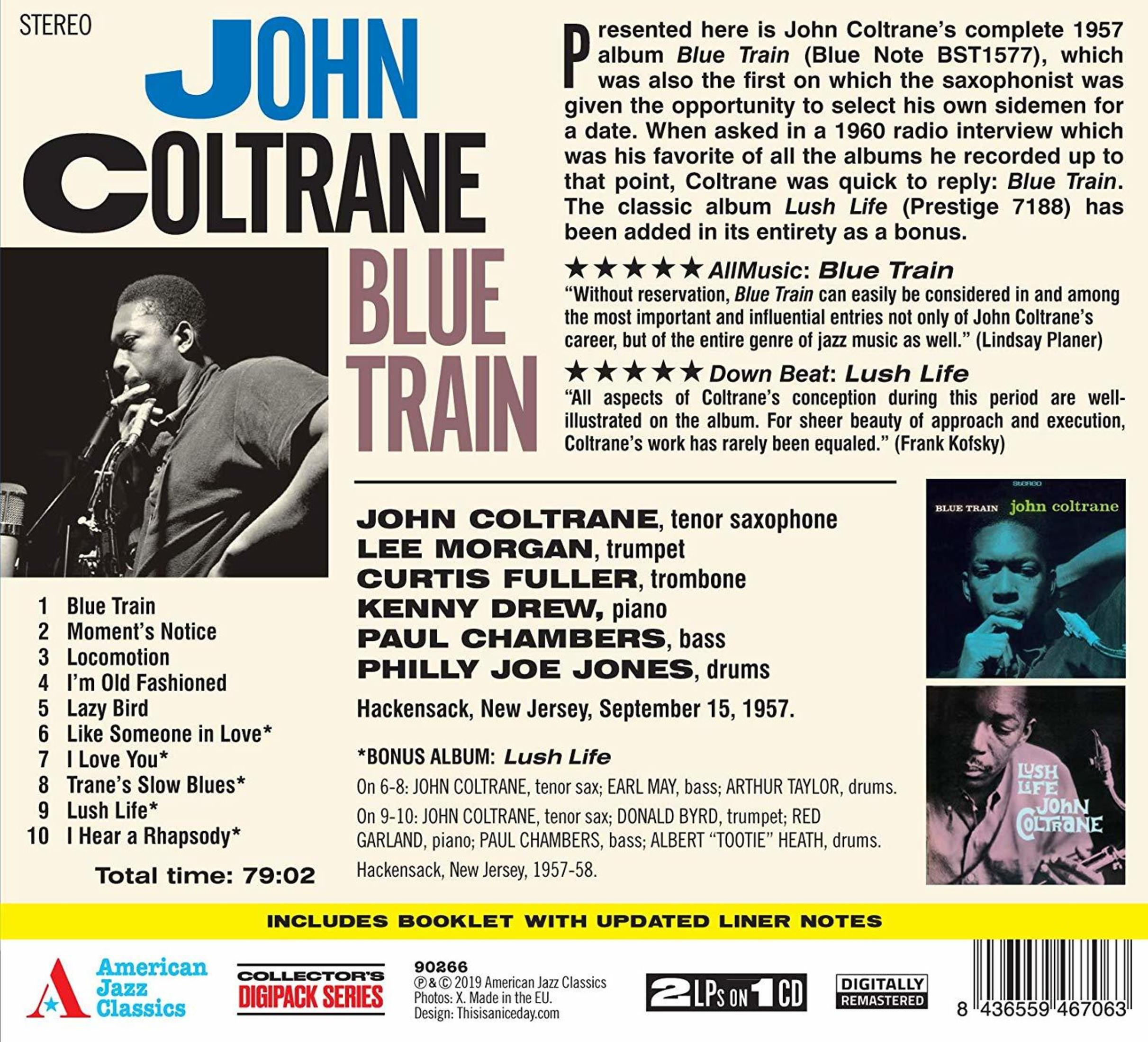 Albumcover von John Coltranes Blue Train. Coltranes Bild, Text über das Album und eine Titelliste sind sichtbar.