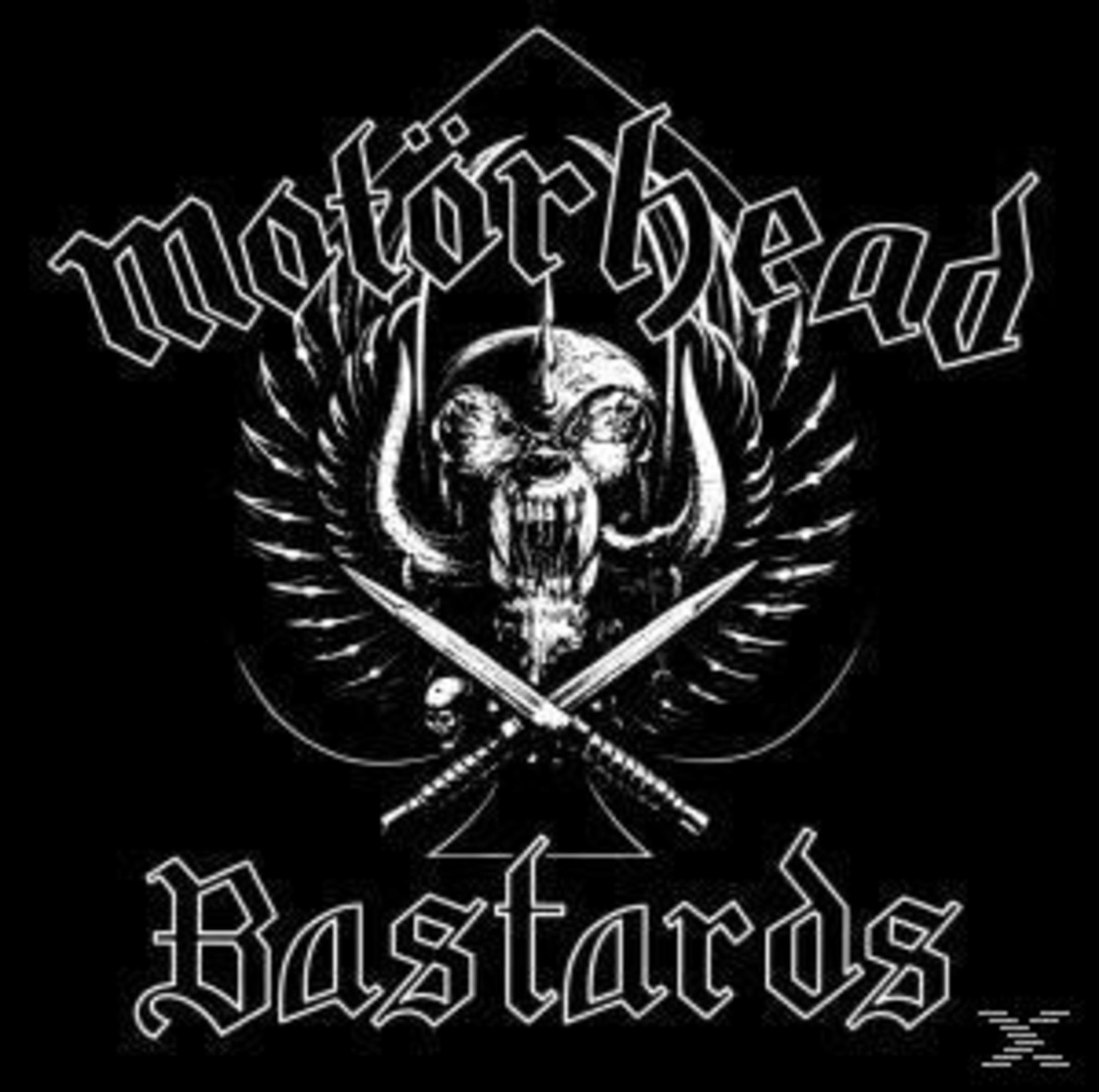 Motorhead-Logo: Schädel mit Stoßzähnen, gekreuzten Schwertern und Flügeln auf schwarzem Hintergrund. Text 'Motorhead Bastards'.