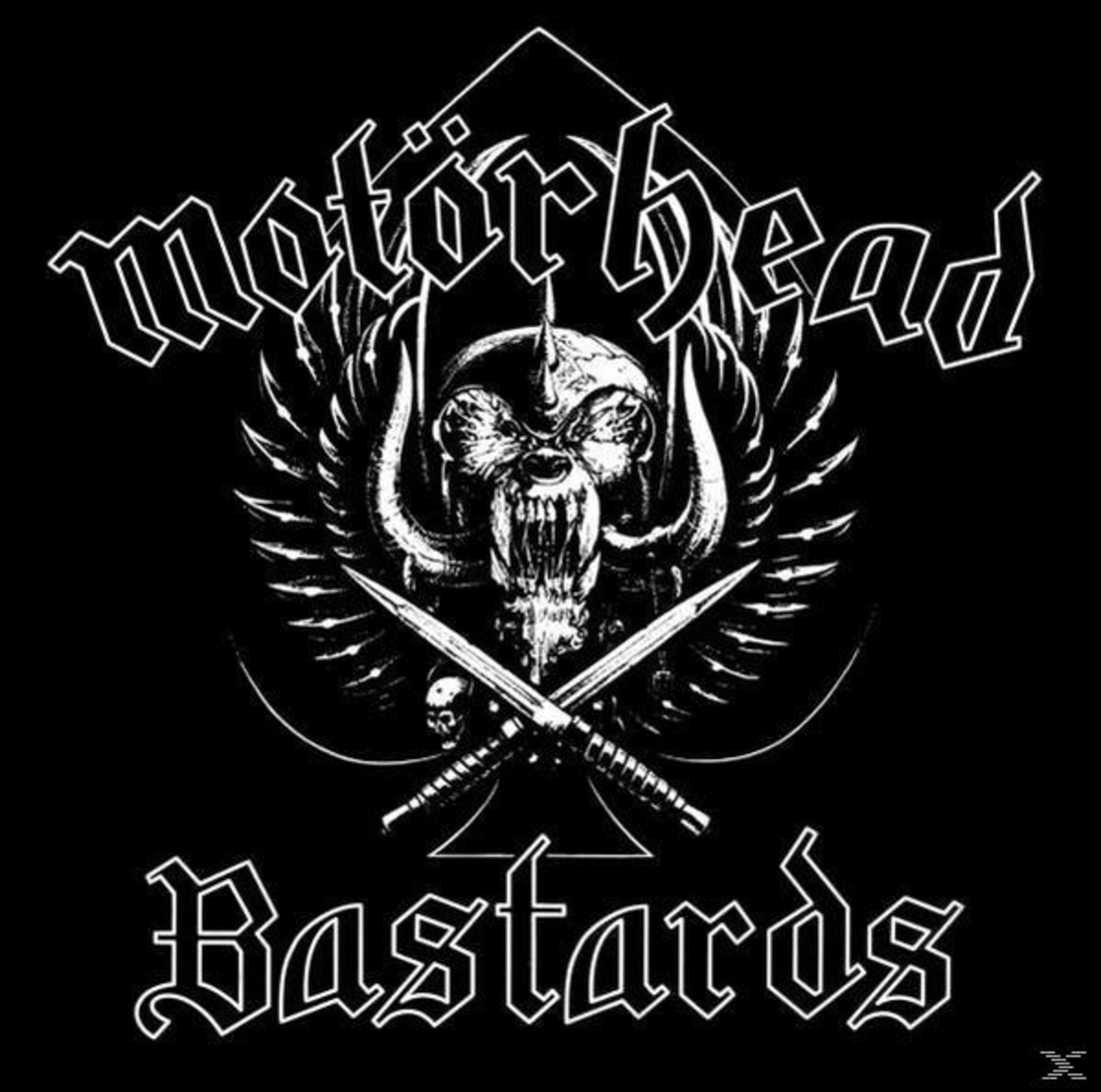 Schwarz-Weiß-Bild des Motörhead-Logos. Es zeigt einen Schädel, gekreuzte Schwerter und die Worte 'Motörhead Bastards'.