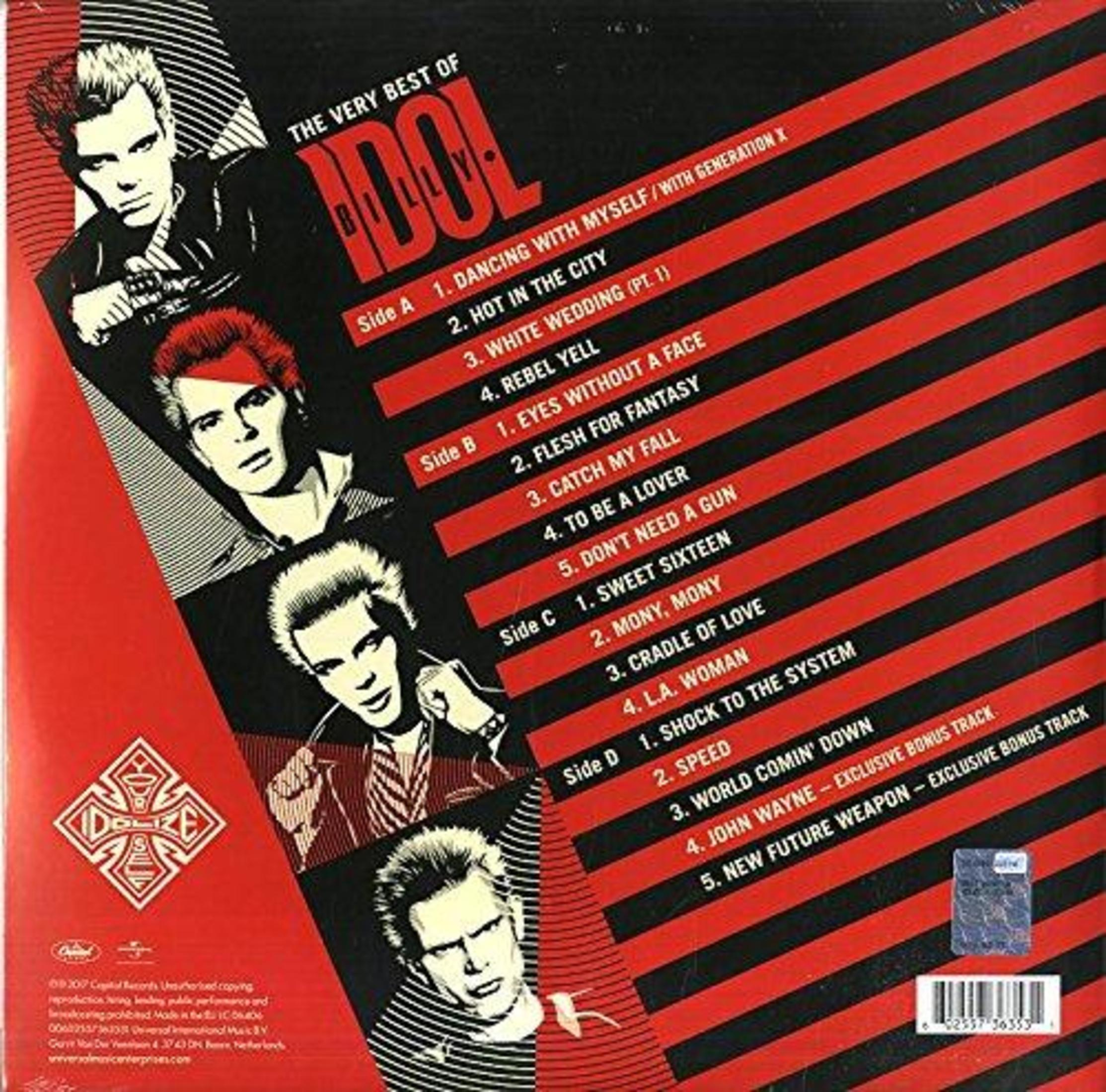 Copertina dell'album con ritratti di Billy Idol, elenco dei brani e strisce rosse e nere. L'album si intitola 'The Very Best of Idol'.