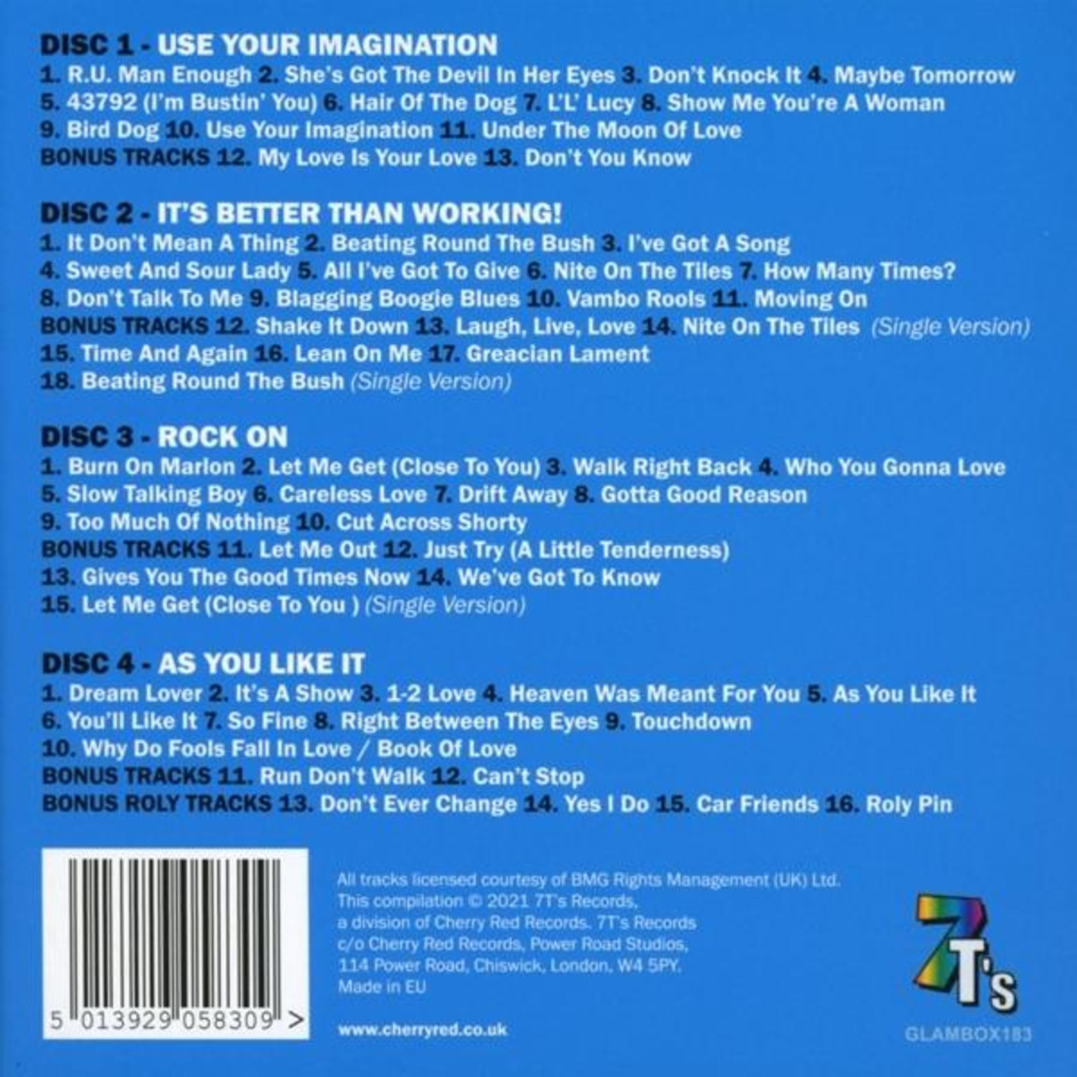 Albumcover mit blauem Hintergrund und Titellisten für vier CDs. Enthält das Logo von 7T's Records und einen Barcode.