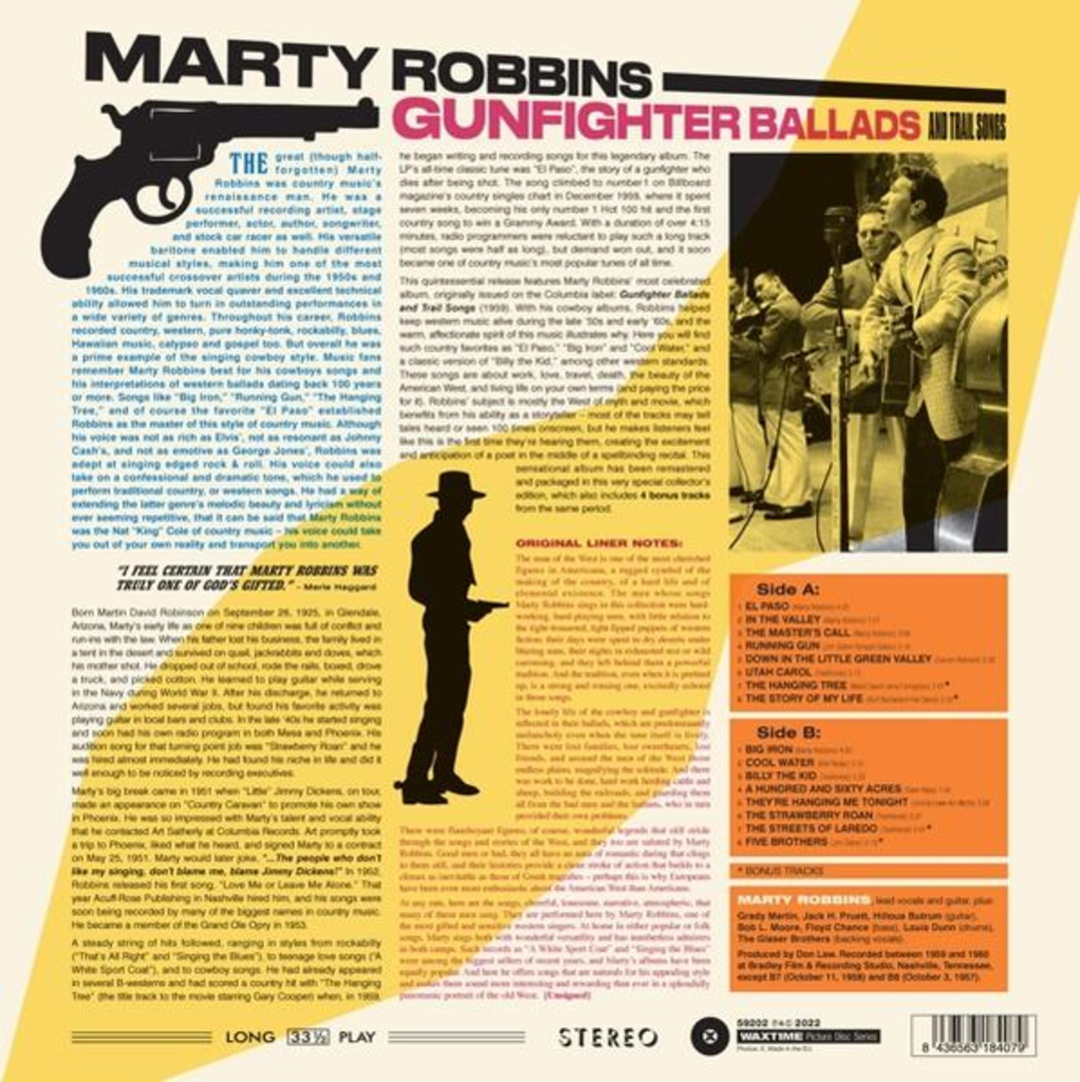 Albumcover mit Marty Robbins, einer Pistole und Text über seine Karriere und das Album Gunfighter Ballads.