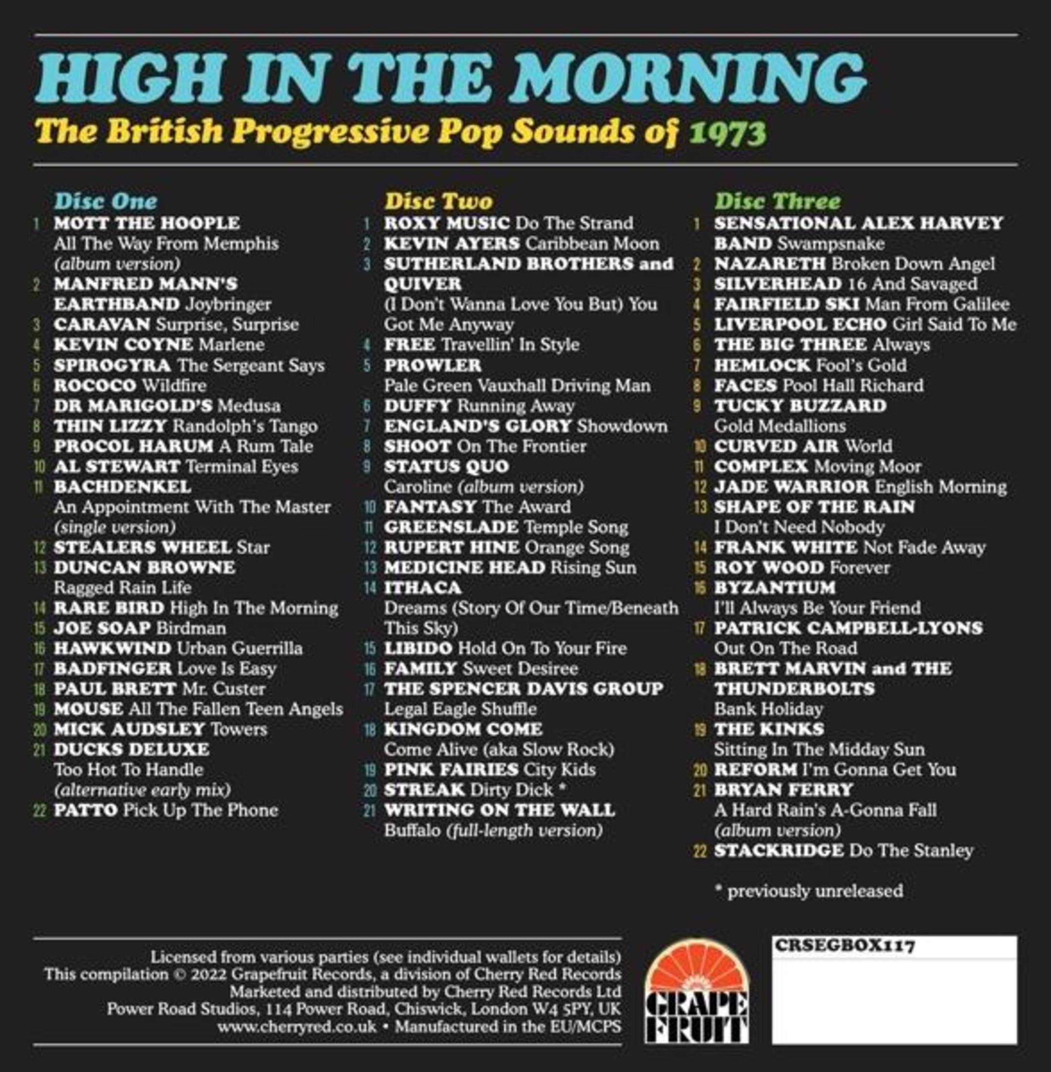 Albumcover mit Text 'High in the Morning' und einer Liste von Songs aus British Progressive Pop Sounds of 1973.