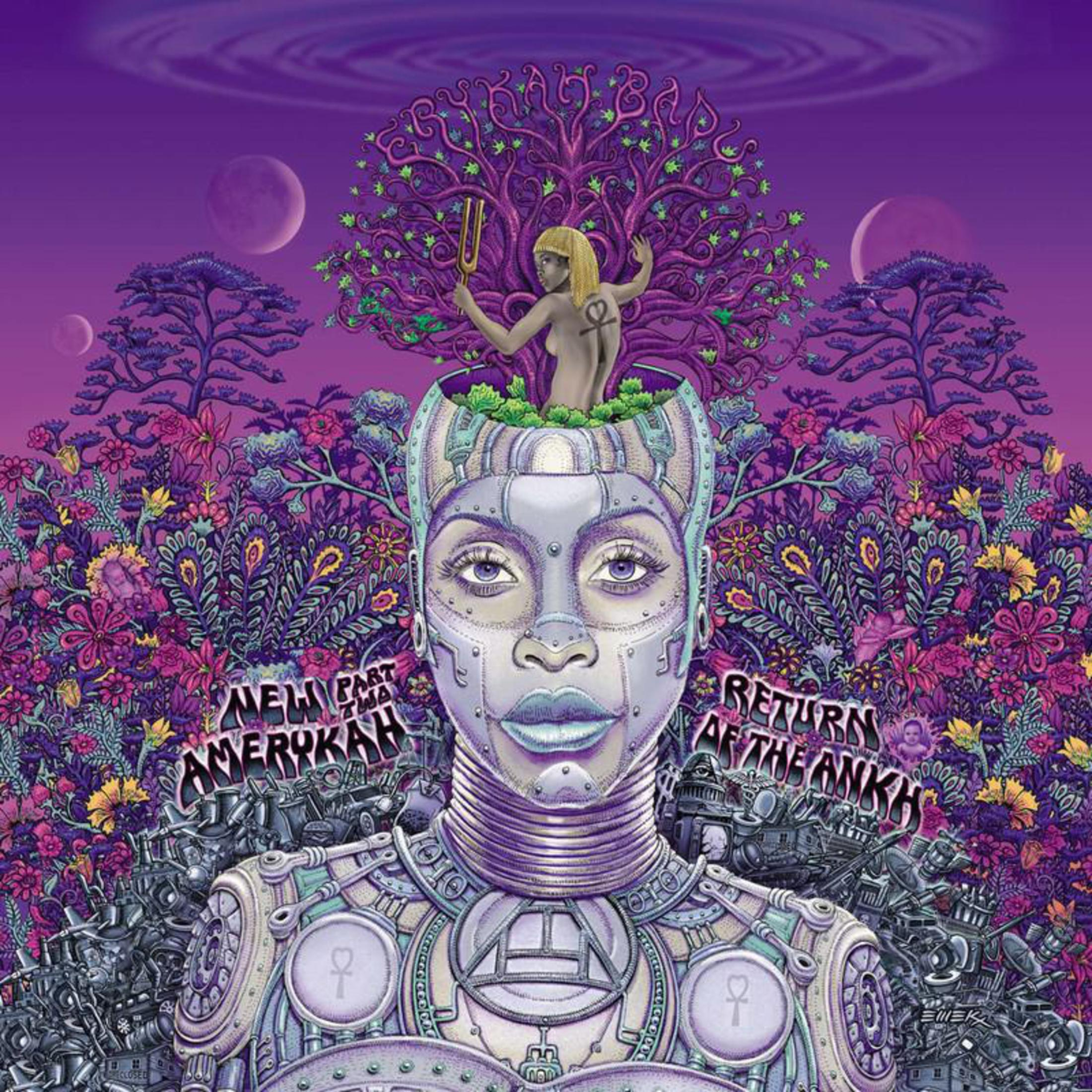 Copertina dell'album. Una testa di cyborg con un albero che cresce dalla sua testa. Una donna tiene un diapason. Sfondo viola.