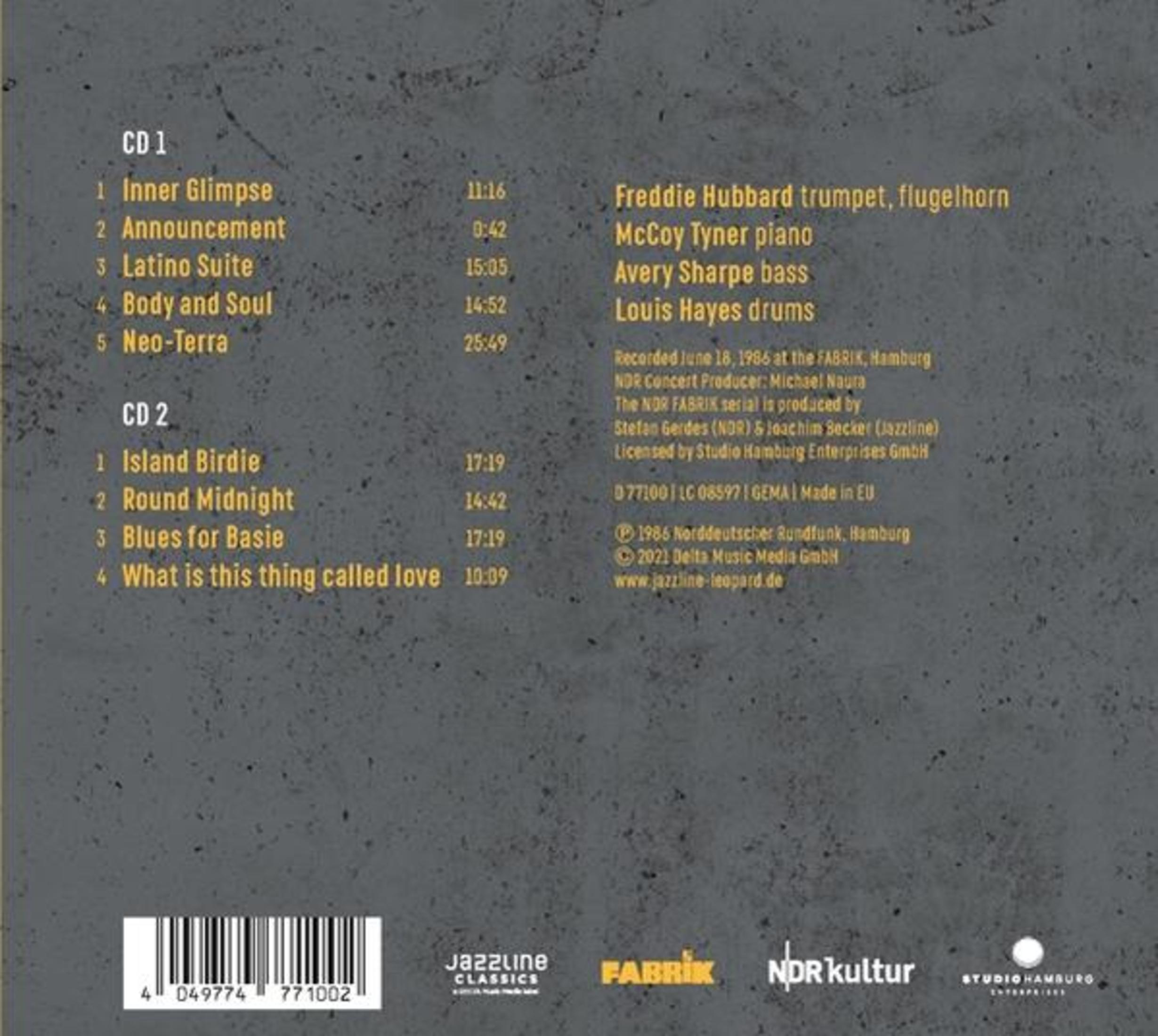 Albumhoes met tracklijsten en credits. Voorzien van een barcode en logo's van Jazzline Classics, FABRIK en NDR Kultur.