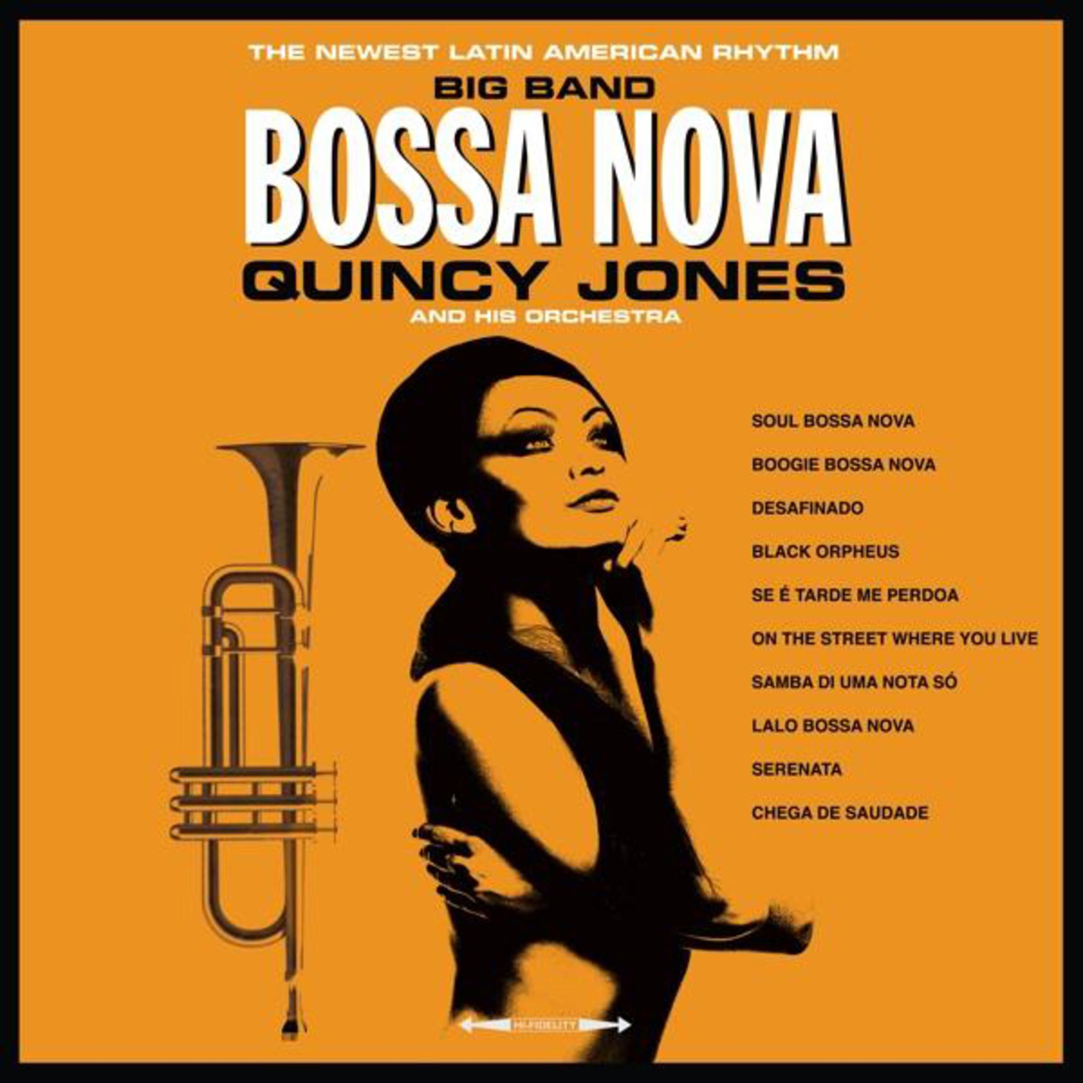 Copertina dell'album Bossa Nova di Quincy Jones. Presenta una silhouette femminile, una tromba e i titoli delle canzoni su sfondo arancione.