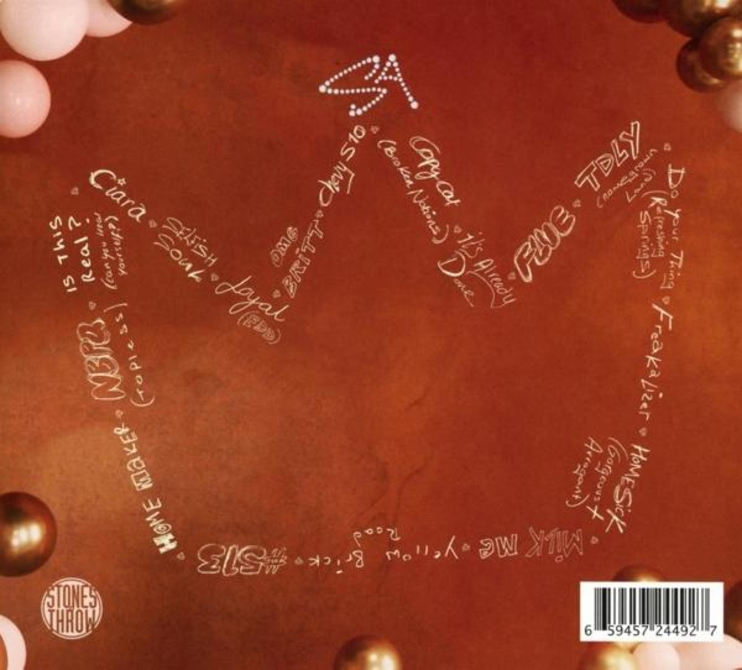 Albumcover auf braunem Hintergrund. Es hat Text, eine Kronenform und Ballons. Der Text enthält Songtitel und Künstlernamen.