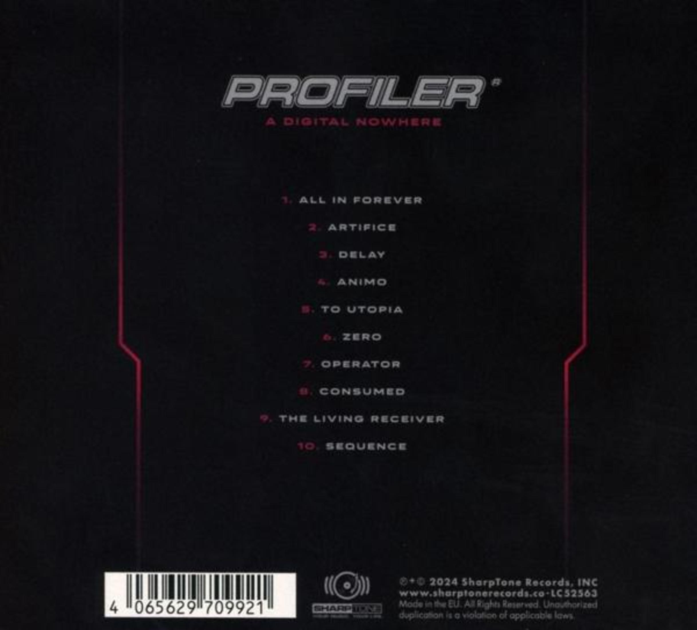 Albumcover mit dem Titel 'PROFILER', Titelliste und Copyright-Informationen auf schwarzem Hintergrund.