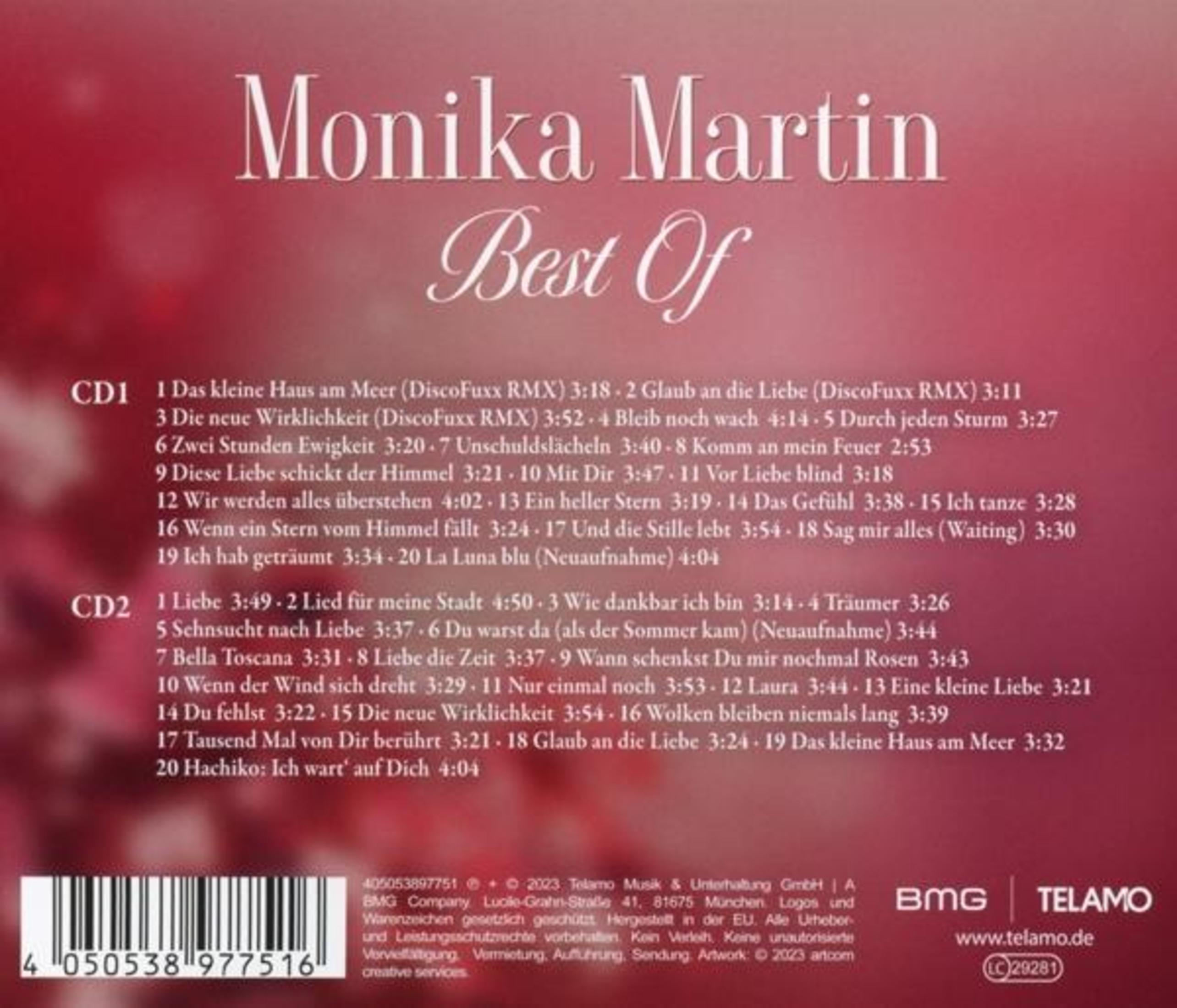 Albumcover. Titel: Monika Martin Best Of. Text und Songliste auf rotem Hintergrund. Darunter ein Barcode und Firmenlogos.