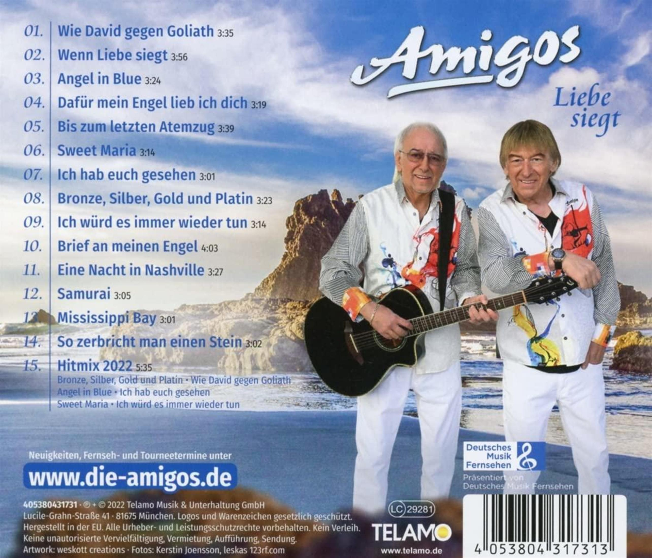 Zwei Männer mit Gitarren auf einem CD-Cover. Der Text enthält Songtitel und "Amigos Liebe siegt".
