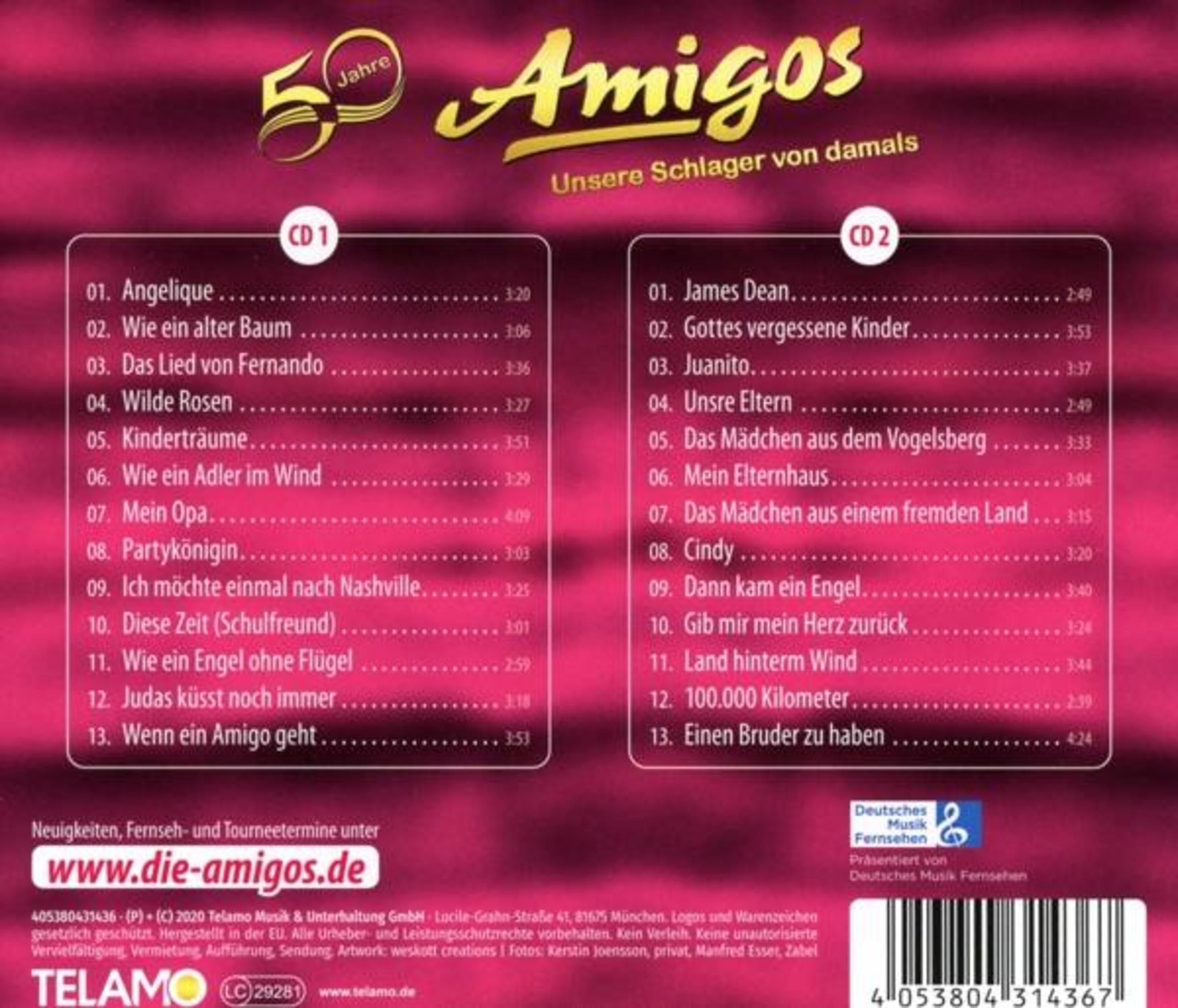 Albumcover mit Amigos-Logo, Titellisten für CD 1 & 2 und Kontaktinformationen.