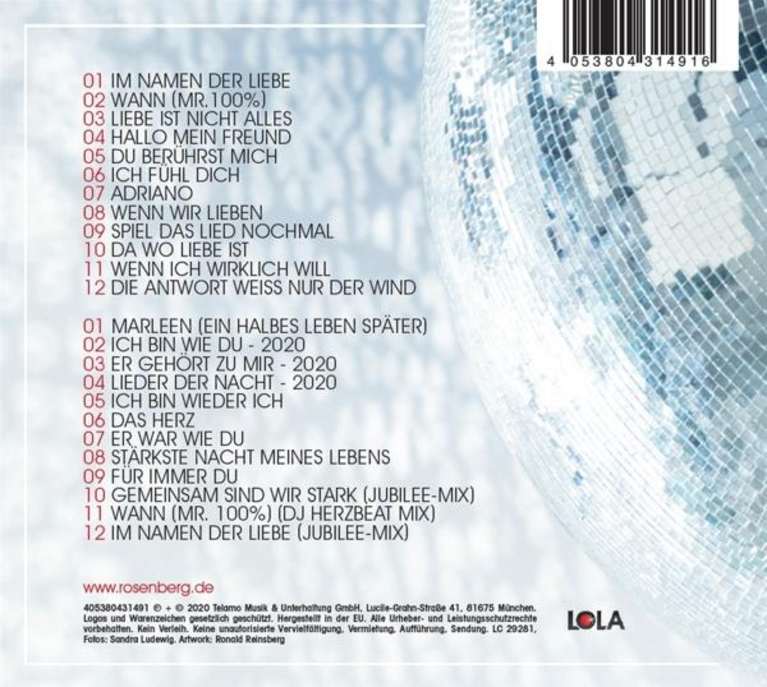 Albumcover mit Titeln. Im Hintergrund eine Discokugel. Der Text ist auf Deutsch.
