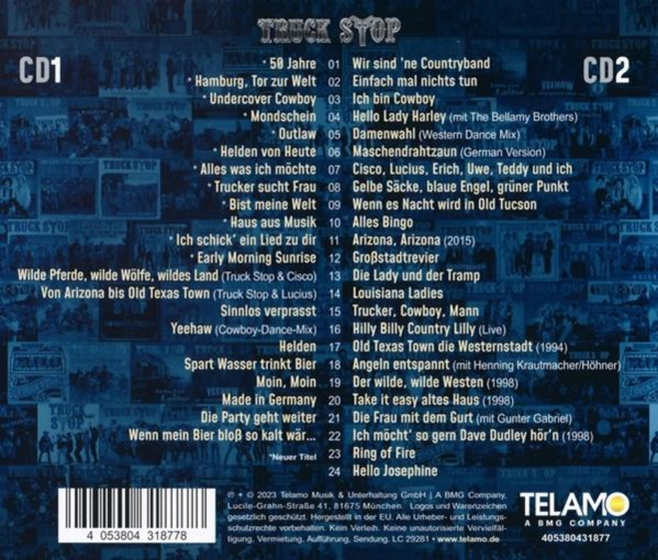 CD-Cover mit blauem Hintergrund, Text und Barcode. Listet Songs von Truck Stop mit Telamo-Logo.